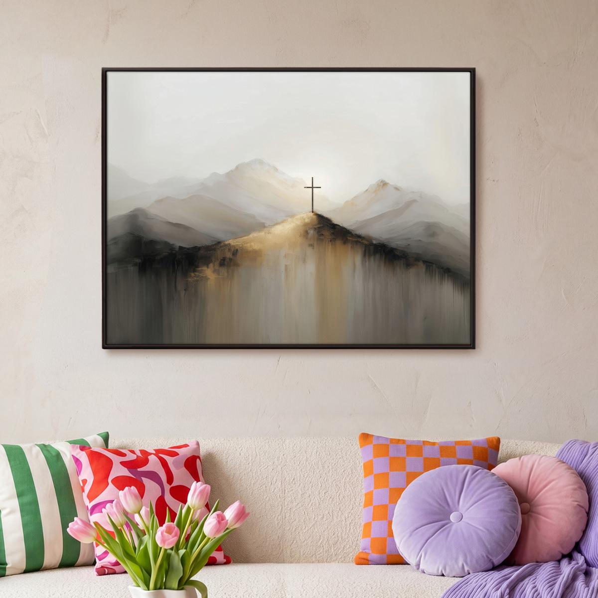 LEINWAND Bilder mit Rahmen - Hügel - Abstrakt - Kreuz - Christentum - 100x70 - Beige, Textil (100/70cm) - MuchoWow