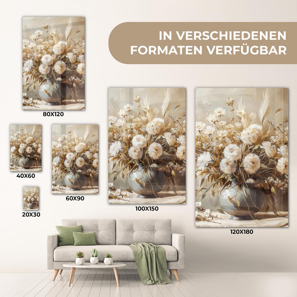 ACRYLGLASBILD Blumen - Vase - Stilleben - Beige 80x120 cm - Creme, Glas (80/120cm) - MuchoWow