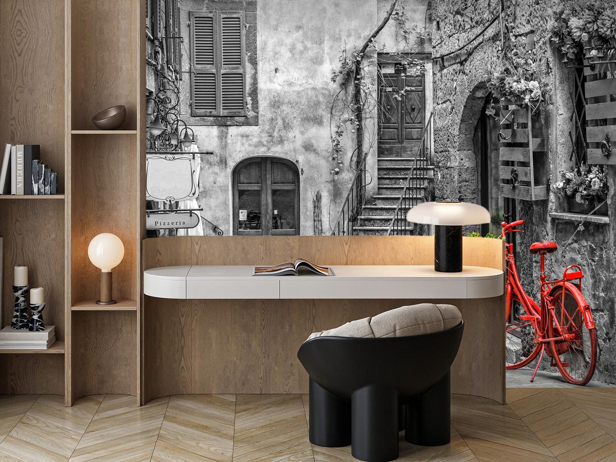 FOTOTAPETE für Wohnzimmer Italienische Gasse Rotes Fahrrad Toskana 400x280 - Rot/Schwarz, Papier (400/280cm) - Muralo