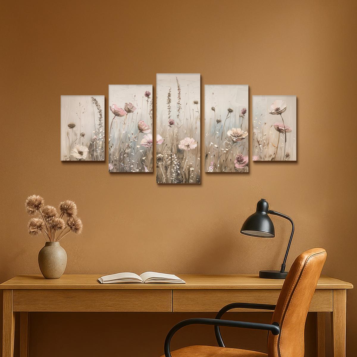 LEINWANDBILD 5er Set Blumen - Beige - Modern - Rosa 100x50 cm - Ecru, Textil (100/50cm) - MuchoWow