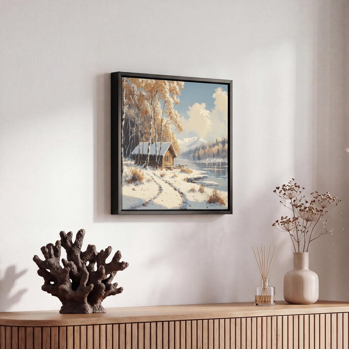 LEINWAND Bilder mit Rahmen - Winter - Schnee - Zuhause - Natur - 20x20 - Hellbraun, Textil (20/20cm) - MuchoWow