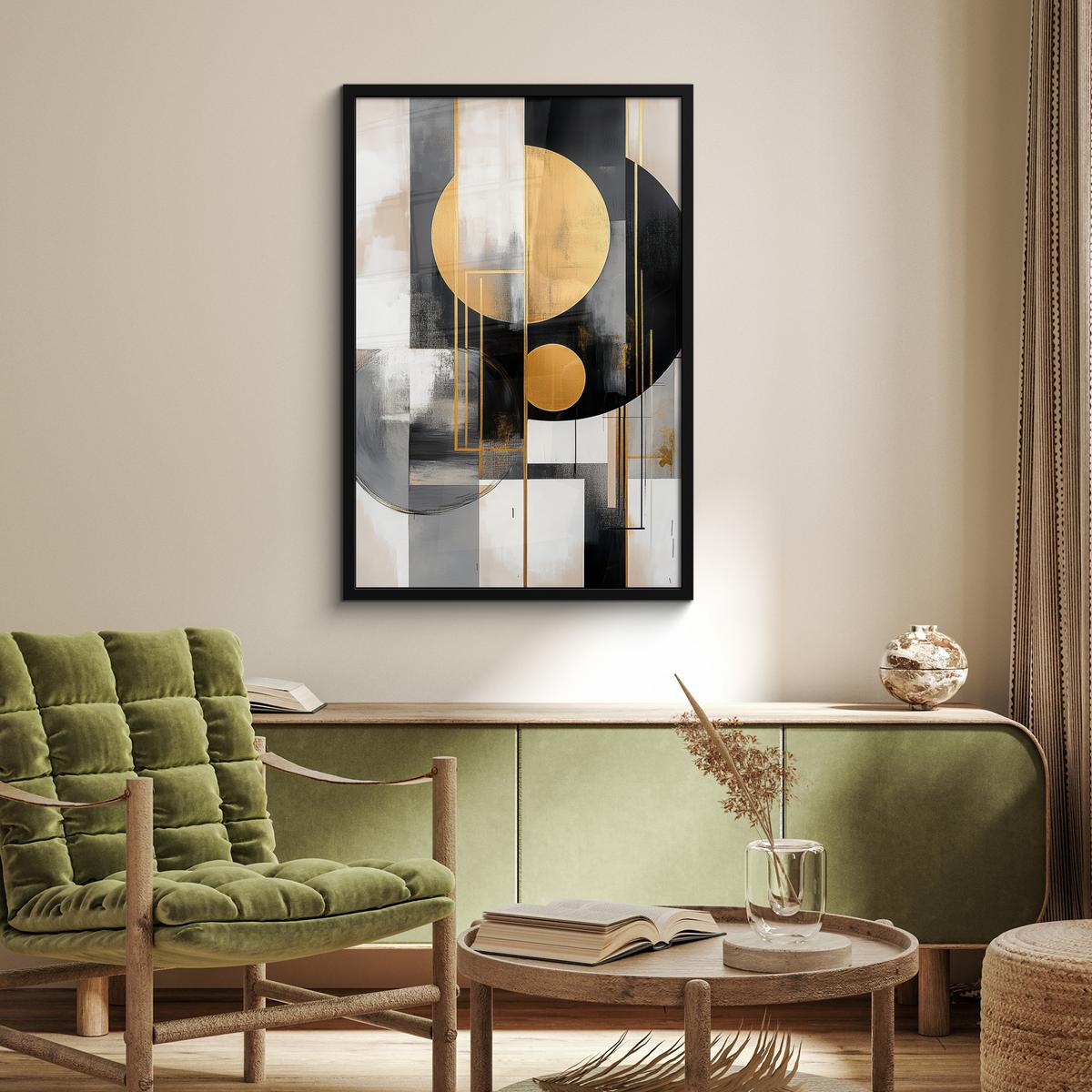 POSTER MIT RAHMENGERAHMTES BILD Abstrakt - Gold - Silber - Formen - Ästhetisch - Modern 60x90 cm - Goldfarben, Papier (60/90cm) - MuchoWow