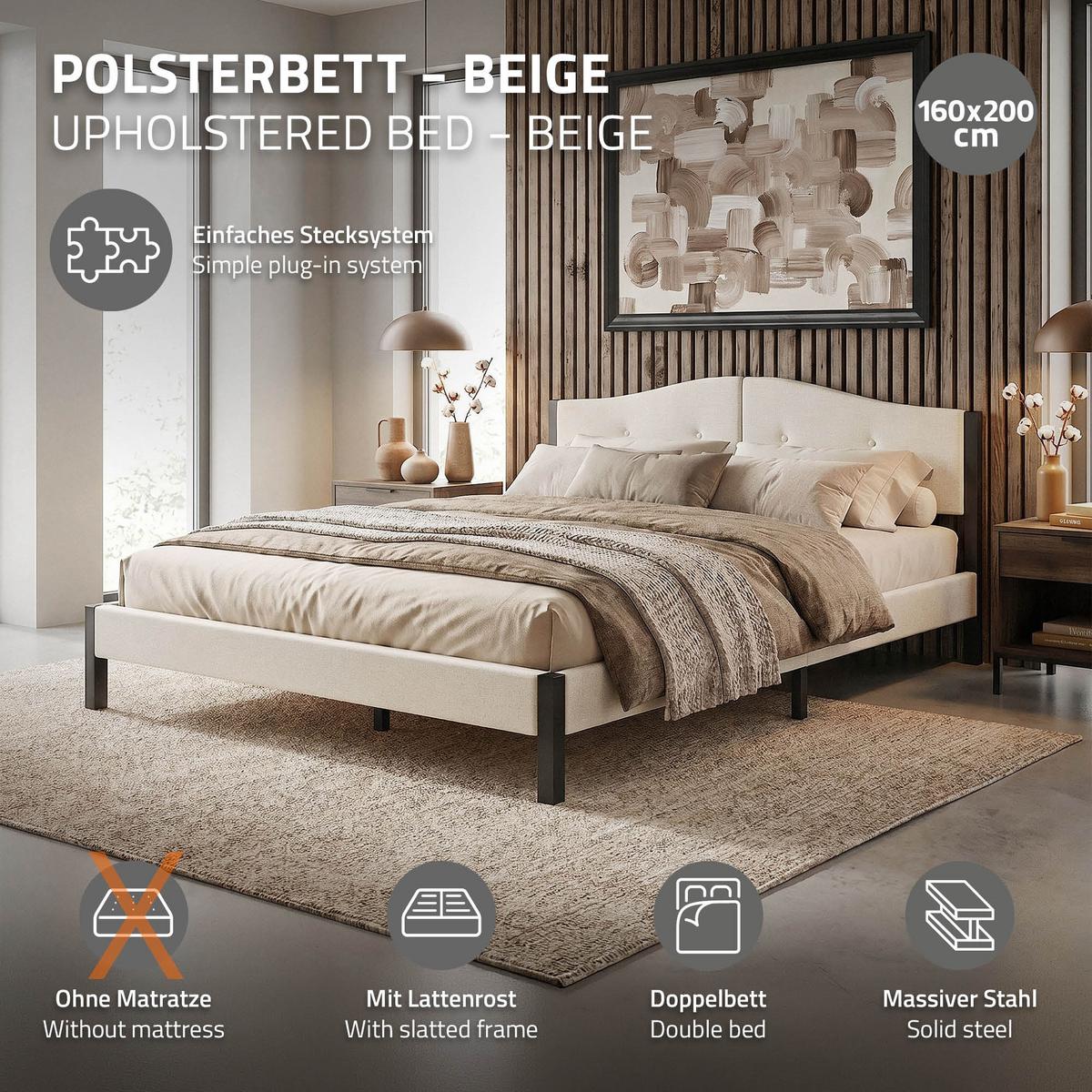 POLSTERBETT 160x200 cm Beige mit Lattenrost und Leinenstoff - Beige, Holzwerkstoff/Textil (160/200cm) - ML-DESIGN