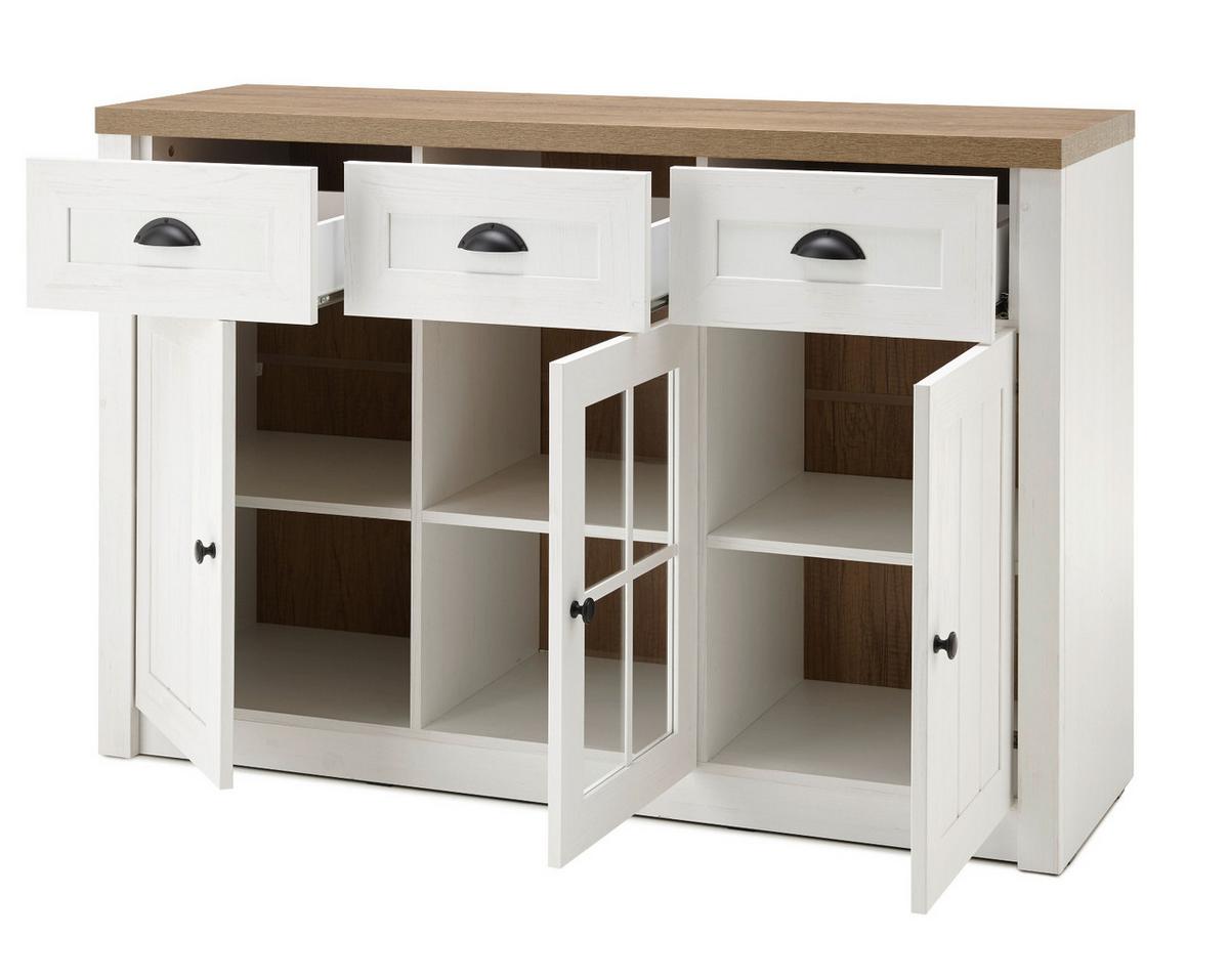 SIDEBOARD weiß Pinie, Eiche hell Landhaus, Kommode 130 x 86 cm - Eichefarben/Schwarz, Holzwerkstoff/Metall (130/86/43cm) - Furn.Design