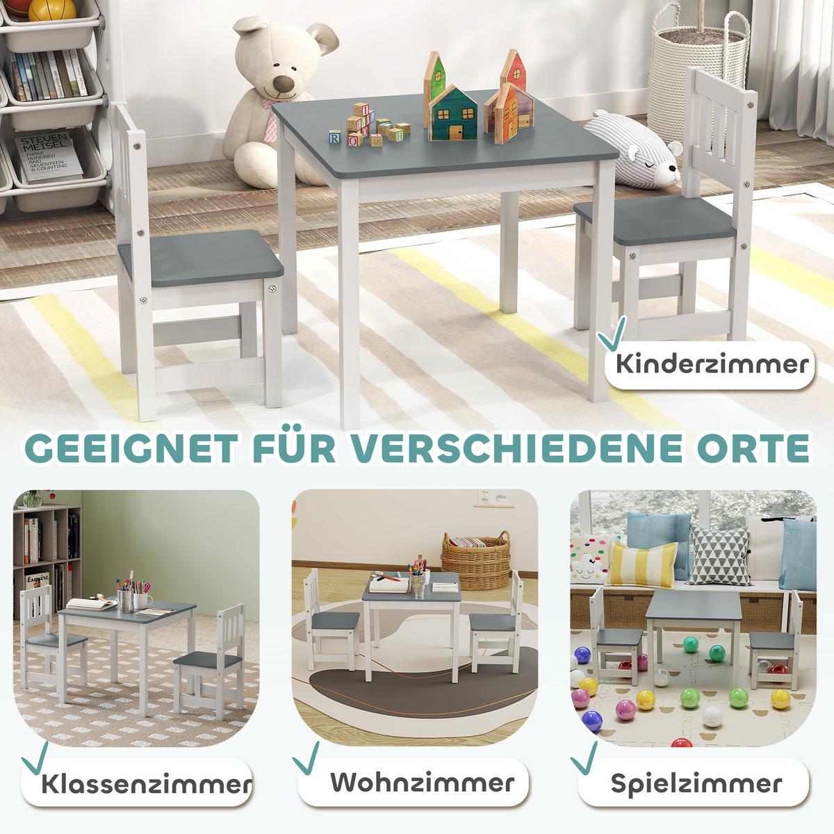 KINDERTISCH mit 2-Stühlen 3er Set MDF Kiefernholz Grau - Grau, Holz (52/48/56cm) - AIYAPLAY