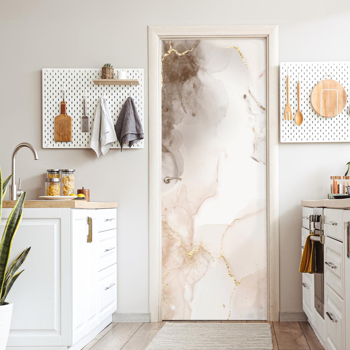 TÜRAUFKLEBER Marmor - Braun - Linie 80x215 cm - Türtapete - Champagner, Kunststoff (80/0.1cm) - MuchoWow