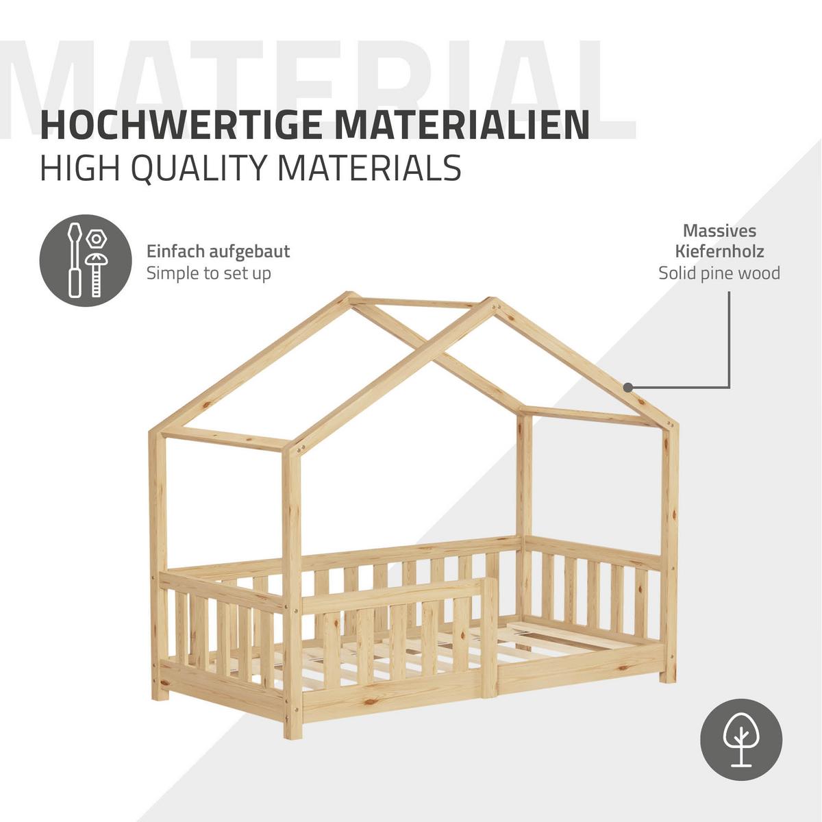 HAUSBETT 70x140 cm Natur aus Kiefernholz mit Rausfallschutz - Beige, Holz (70/140cm) - ML-DESIGN