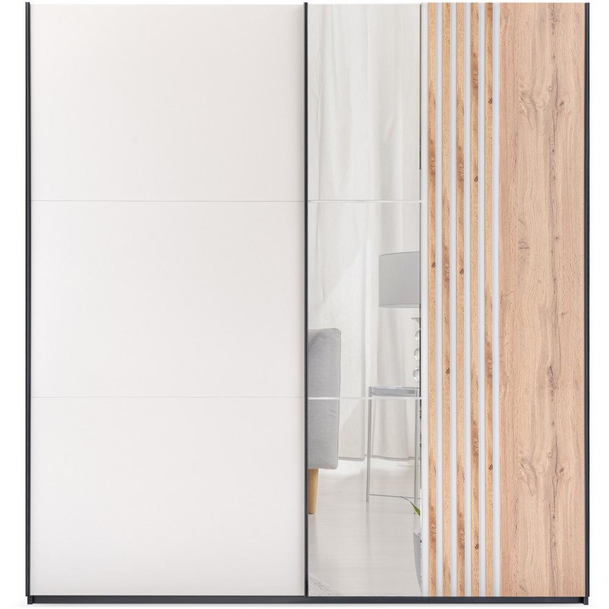 SCHWEBETÜRENSCHRANK Evia mit 2 Türen und Spiegel, 203 cm - Eiche Wotan/Schwarz, Holzwerkstoff (203/215/65cm) - Beautysofa