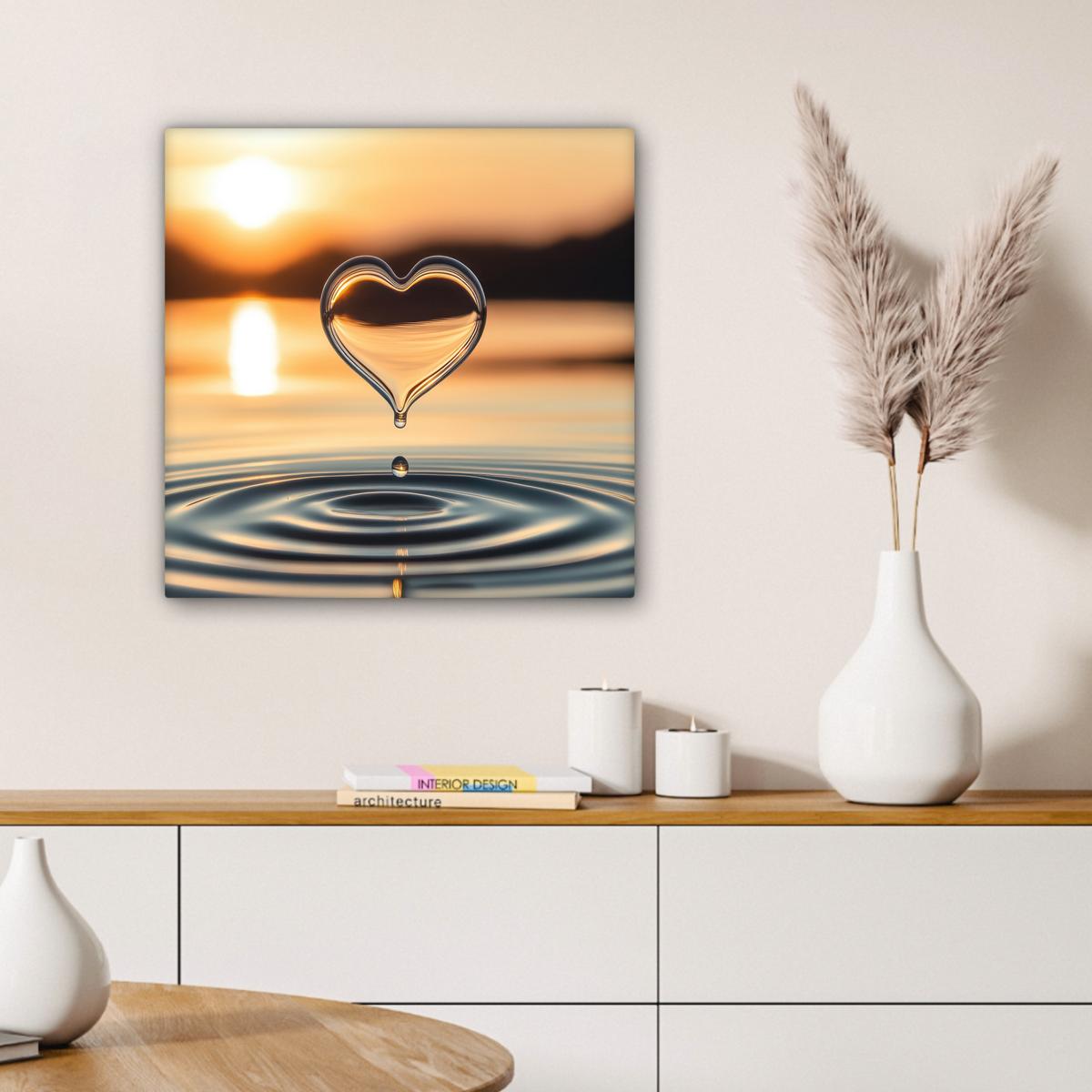 LEINWANDBILD Herz - Wasser - Sonnenuntergang - Natur - Zen Wandbild Wohnzimmer 50x50 cm - Bernsteinfarben, Textil (50/50cm) - MuchoWow