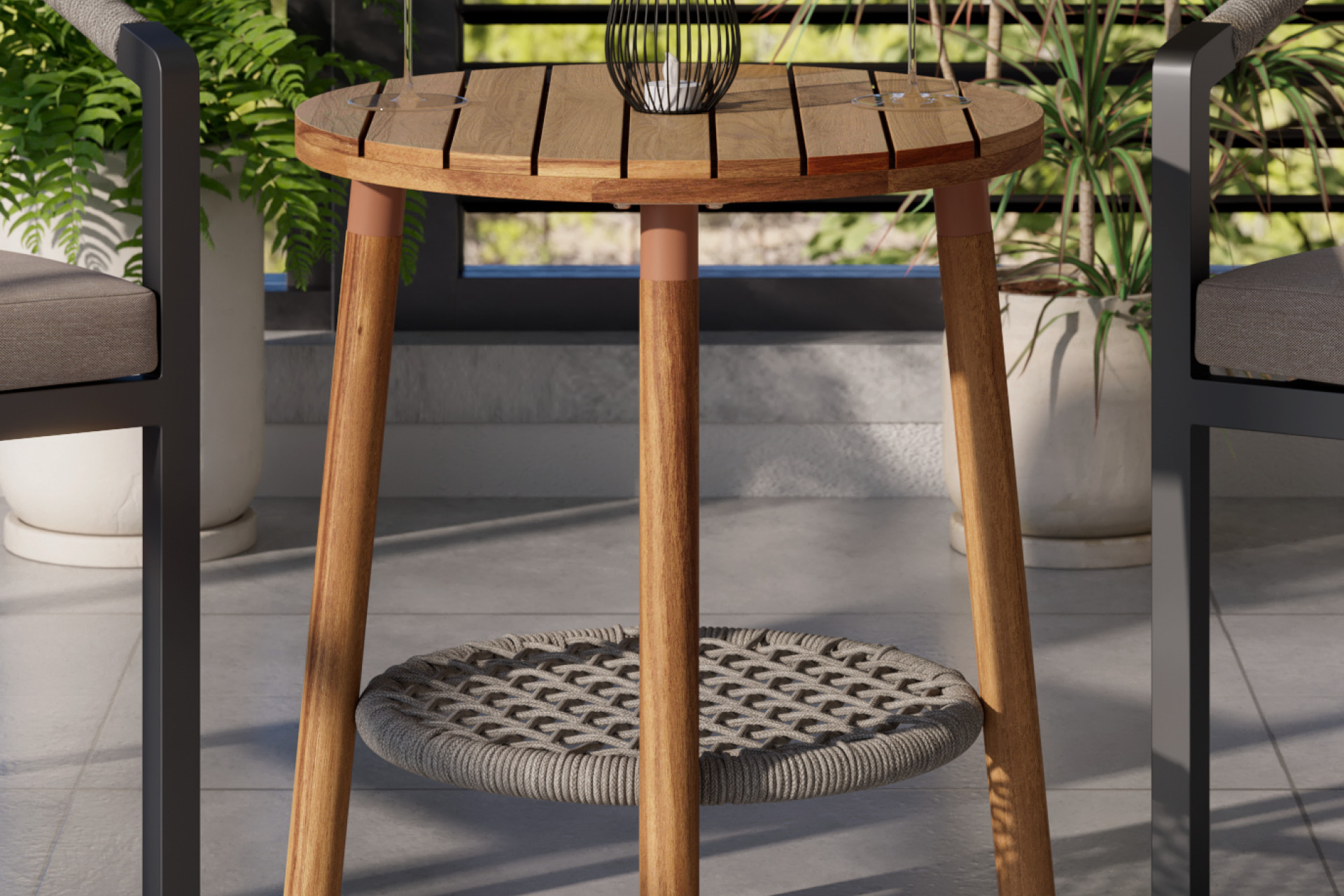 Balkonset Tisch rund klein Akazienholz geölt mit Ablagefläche