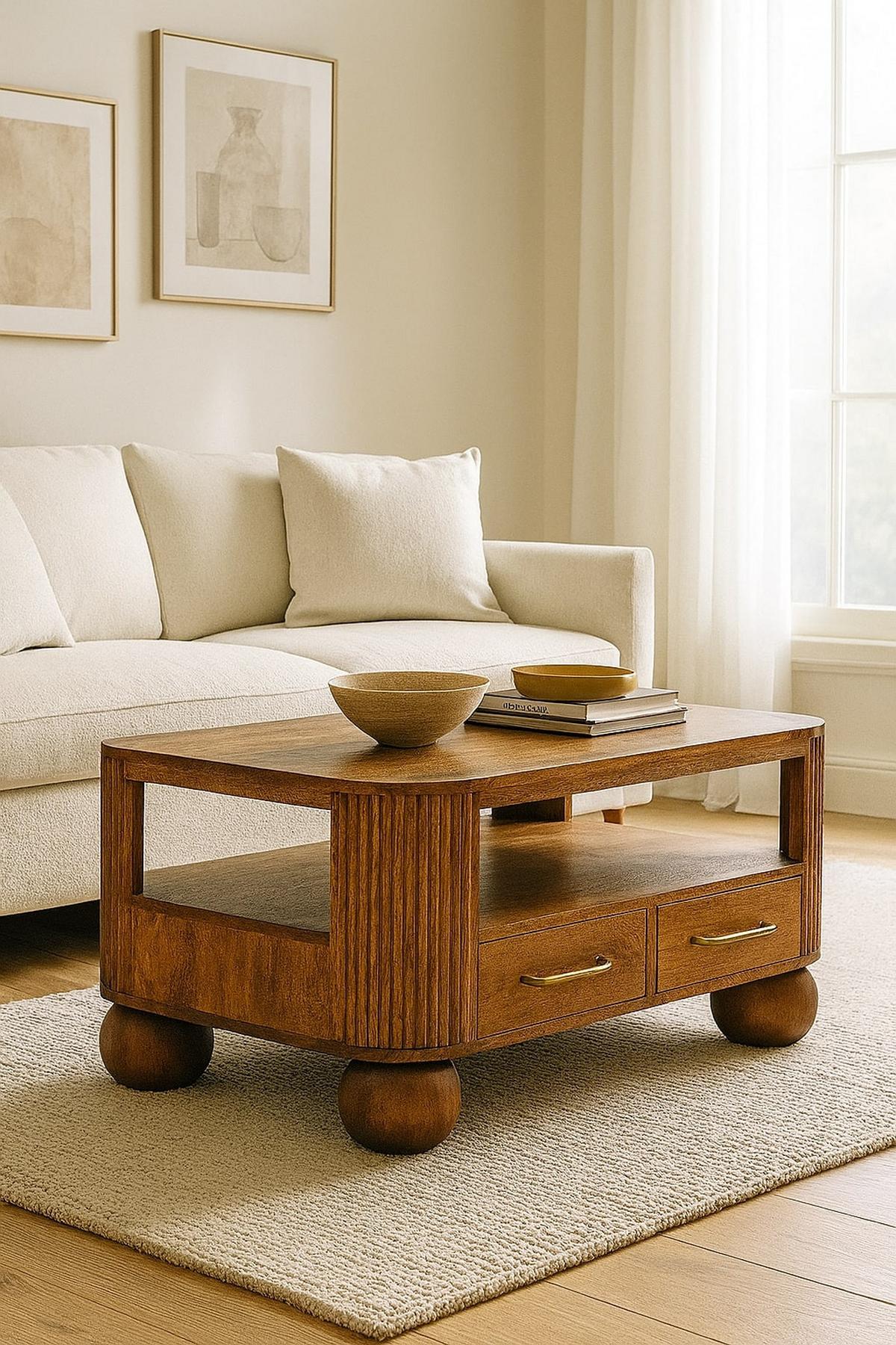 COUCHTISCH Briarwood Geriffelt, 2 Schubladen und Offenes Regal, Hellbraun - Beige/Messingfarben, Holz/Metall (55/85/46cm) - Artisan Furniture