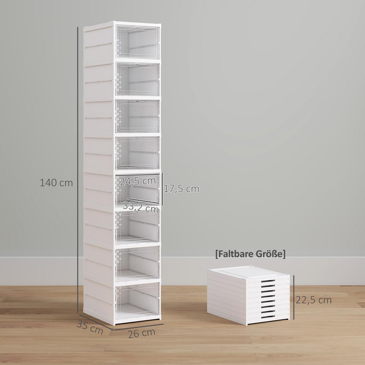 SCHUHBOXEN Stapelbare, Faltbar 8 Stück Schuh-Organizer mit Transparenten Türen - Weiß, Kunststoff (26/140/35cm) - HOMCOM
