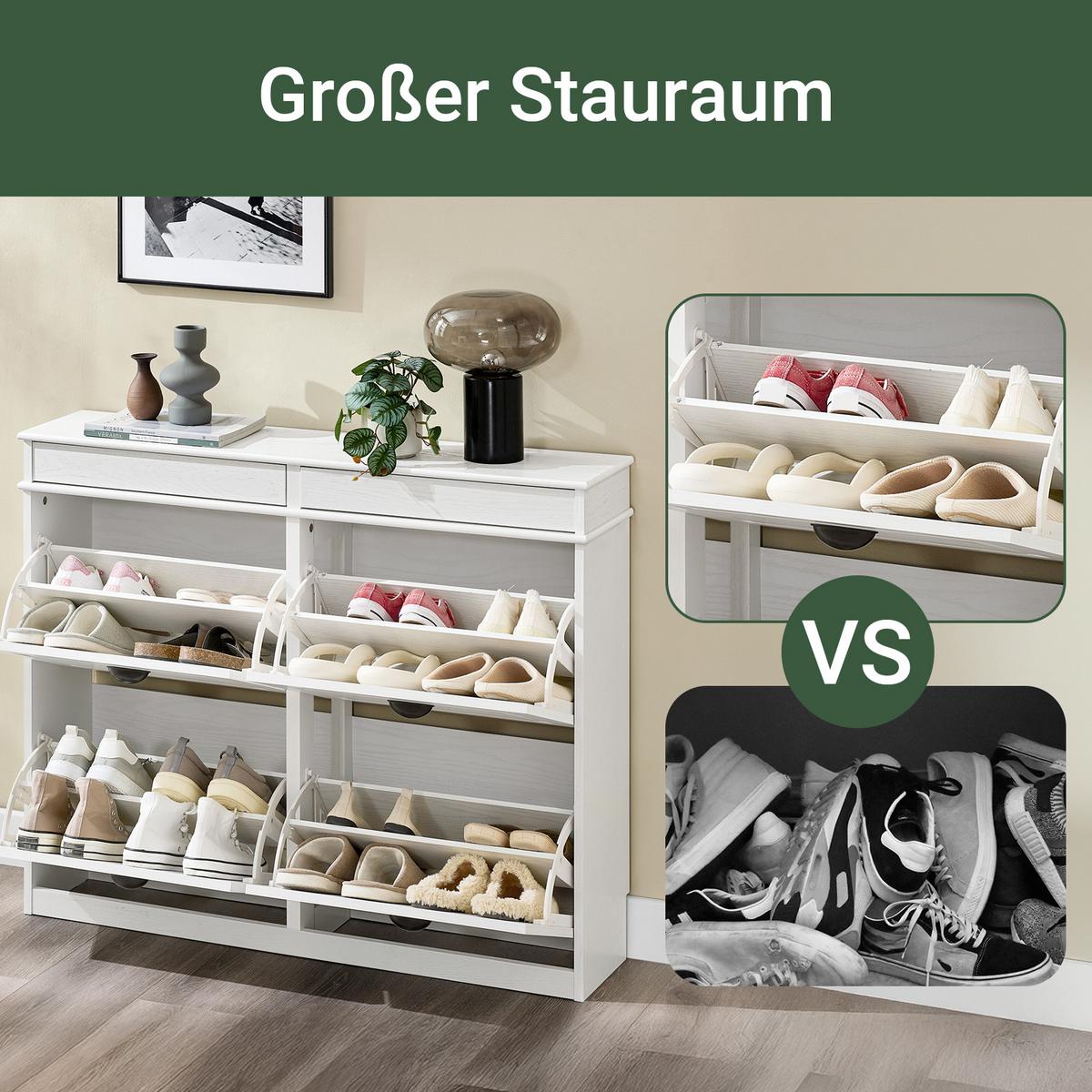 SCHUHSCHRANK mit 4 Klappen, Weiß Vintage 103x85x23cm - Weiß, Holzwerkstoff (103/82/23cm) - SoBuy