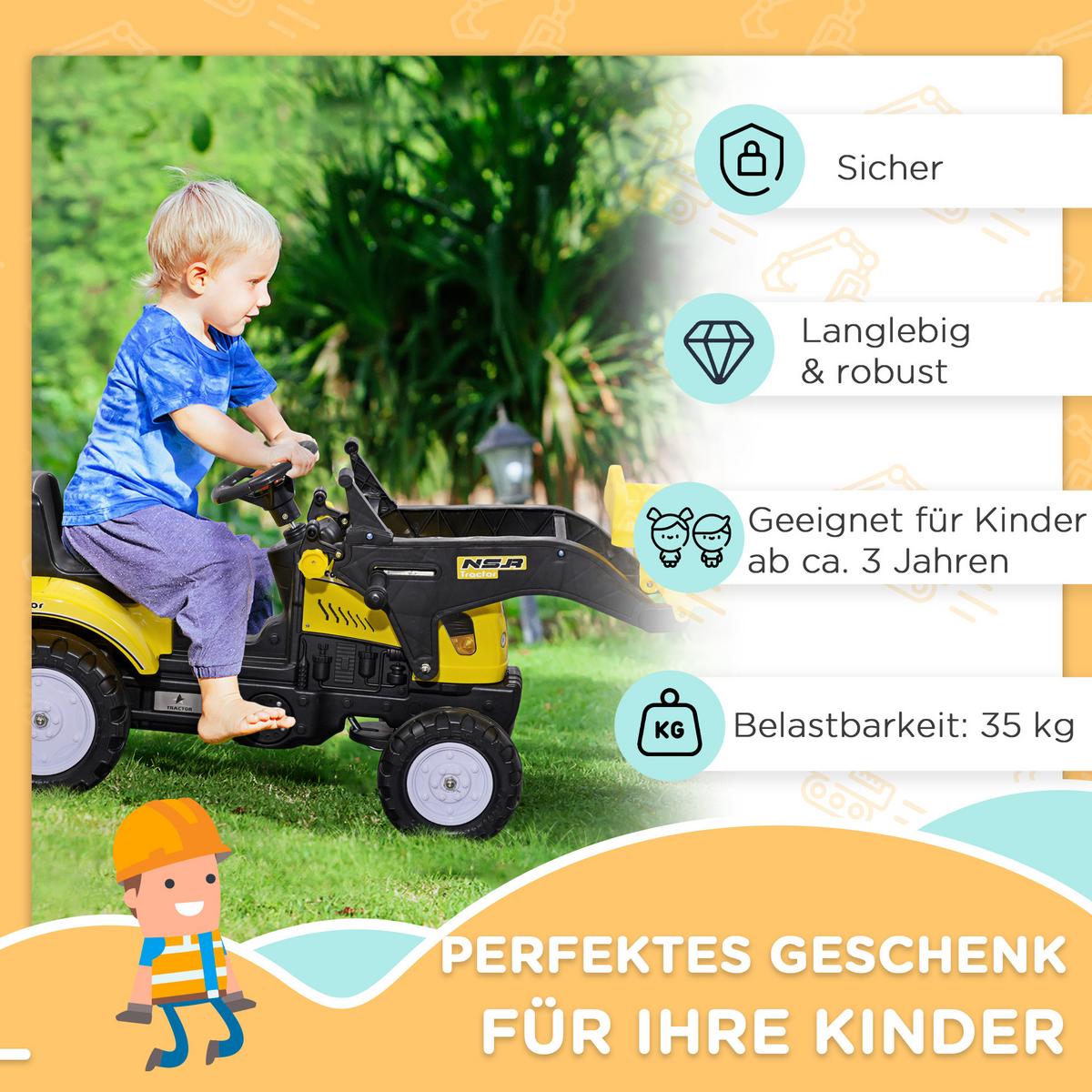 KINDER-RADLADER Kinderbagger Tretauto für 3-jährige Kinder mit Pedalen Gelb - Schwarz, Metall (114/41/52cm) - HOMCOM