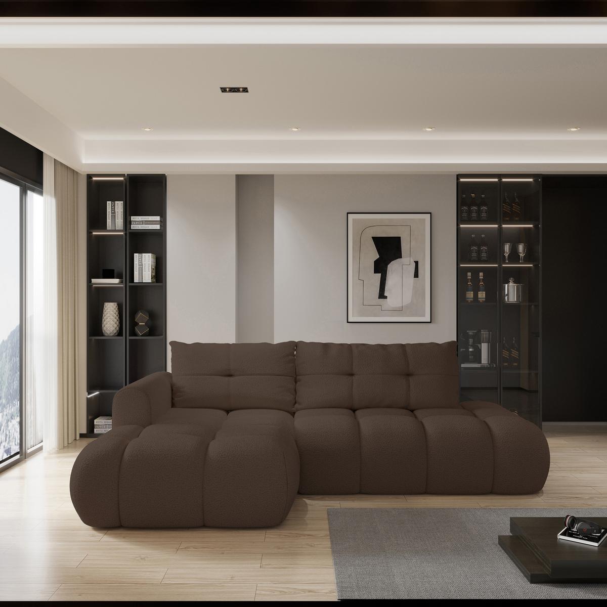 ECKSOFA FLUMA L-S Braun Boucle-Stoff mit Schlaffunktion - Braun, Holz (279/158cm) - MASSENO