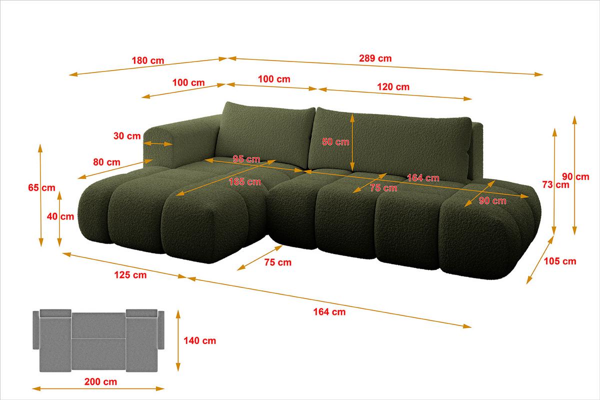 ECKSOFA Ottomane Links CLOUD-L 280x185x90 Grün Bouclé - Grün, Holzwerkstoff/Kunststoff (280/185cm) - ALTDECOR