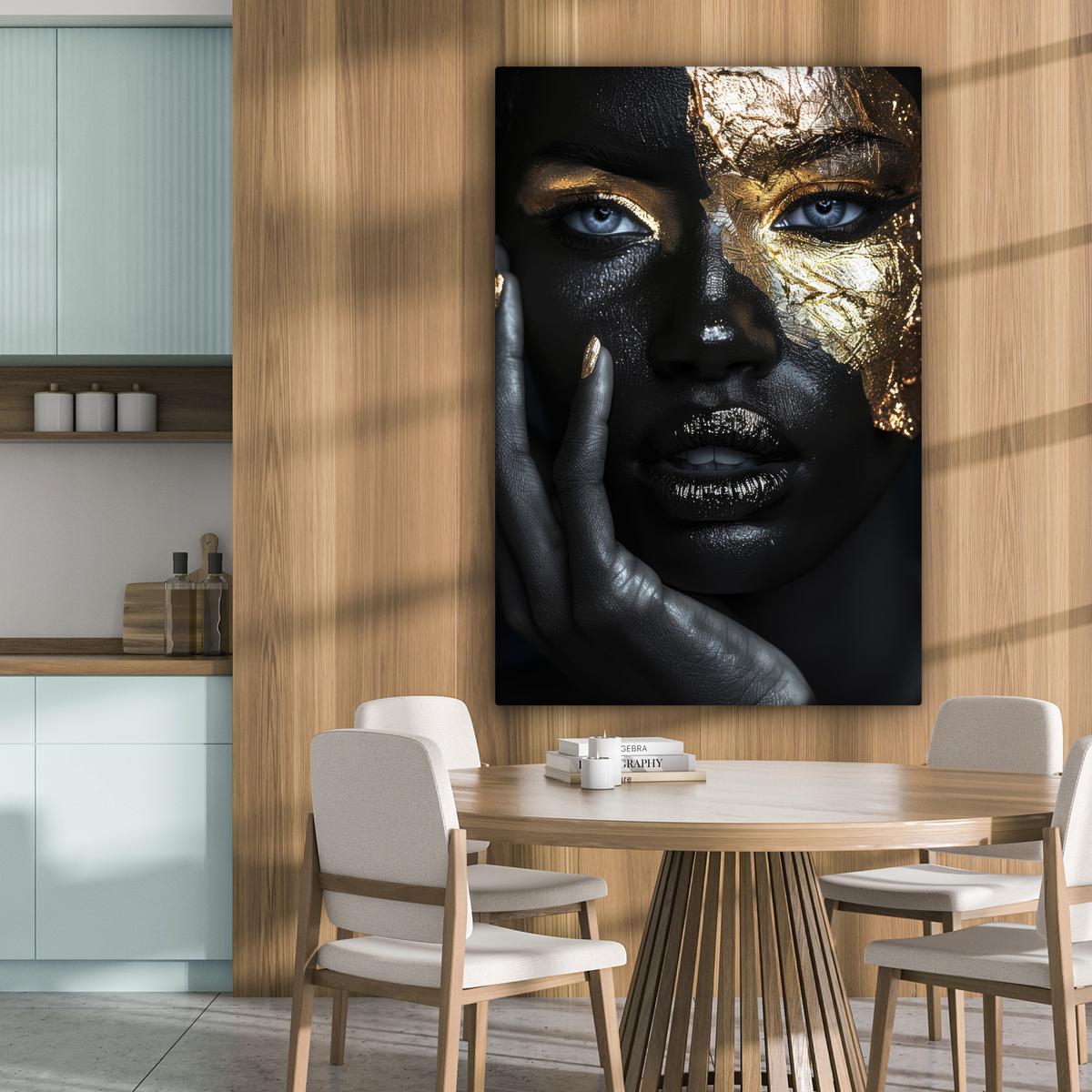 LEINWANDBILD Frau - Gold - Porträt - Schwarz-Weiß - Luxus Deko Groß 90x140 cm - Hellblau, Textil (90/140cm) - MuchoWow