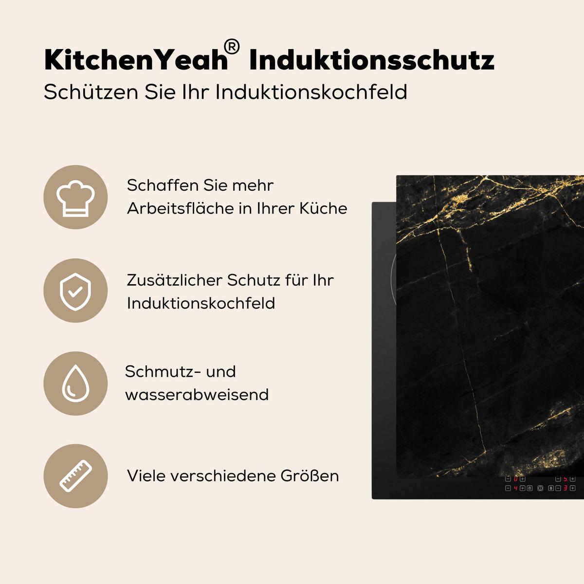 HERDABDECKPLATTE Marmor - Schwarz - Gold - Chic - Marmoroptik - Design Herdabdeckung Induktionsfeld 60x52 cm - Schwarz, Kunststoff (60/52/0.2cm) - MuchoWow