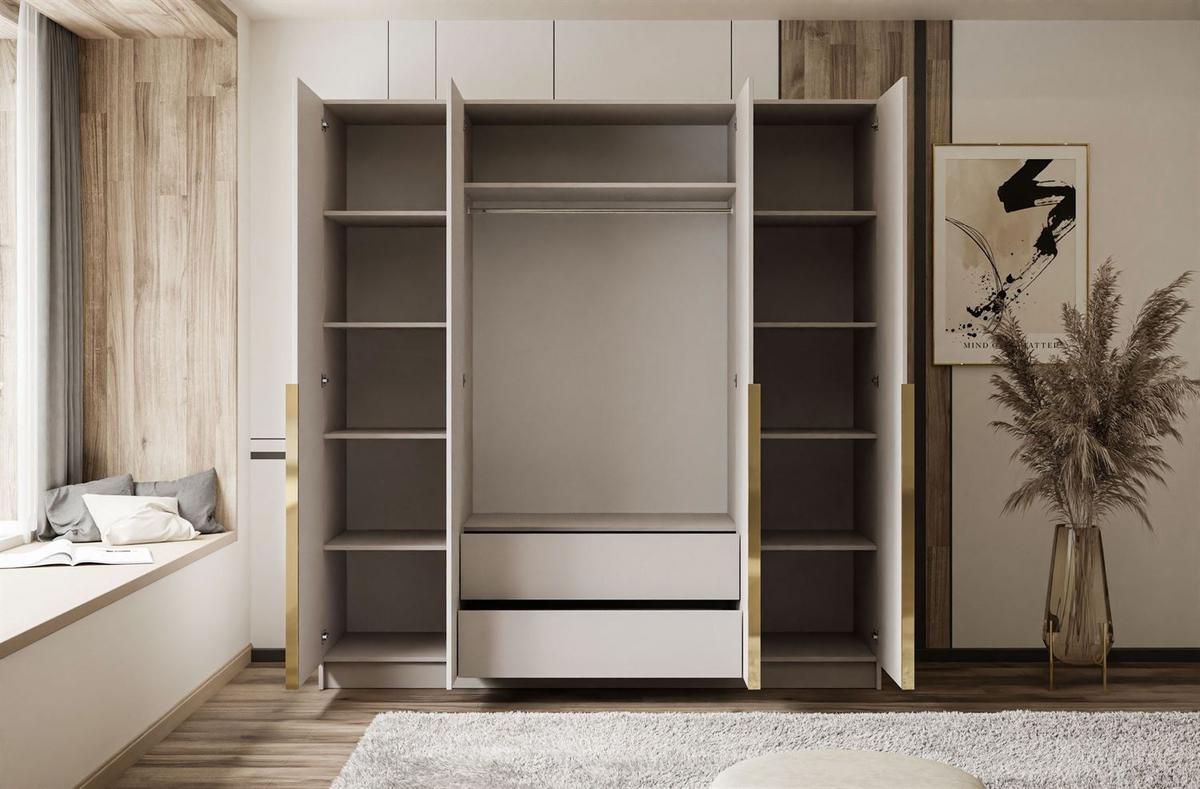 KLEIDERSCHRANK AUREL 4D in KASCHMIR mit goldenen Griffen - Kaschmir/Goldfarben, Holzwerkstoff (200/200/57cm) - Lookway