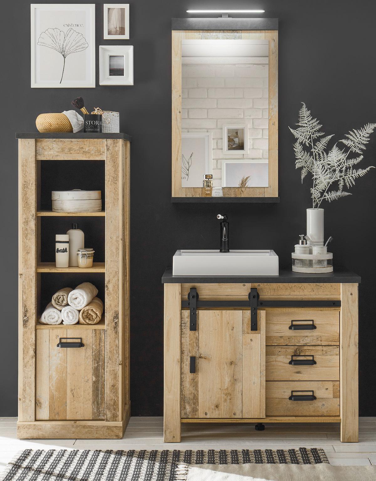 BADMÖBEL-SET 5-teilig, Used Wood hell, anthrazit, Badkombination mit Waschbecken LED Spiegellampe - Eichefarben/Anthrazit, Holzwerkstoff/Metall (165/210/43cm) - Furn.Design