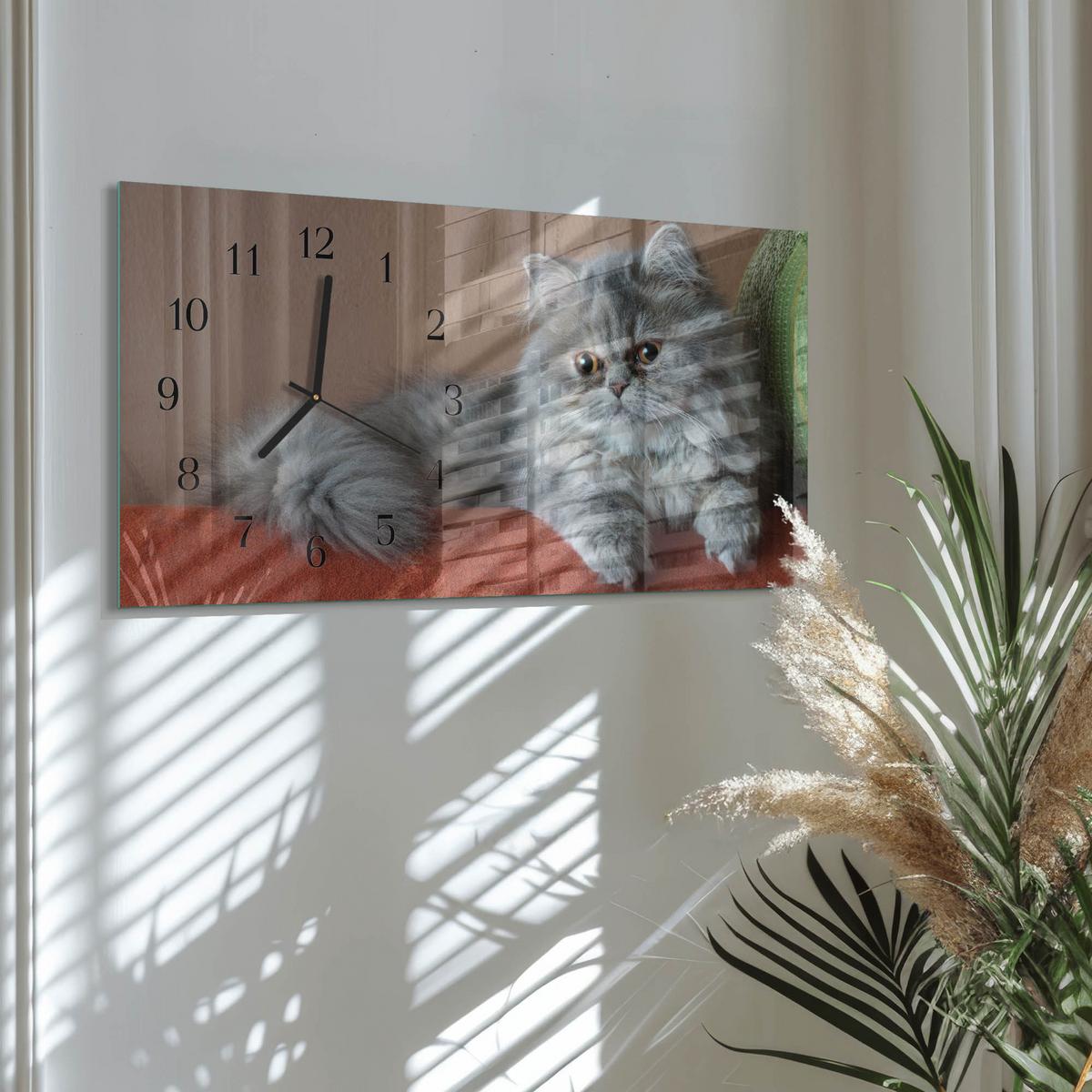 WANDUHR aus Glas 60x30 cm - Perserkatze - Grau, Glas (60/30/0.4cm) - TULUP