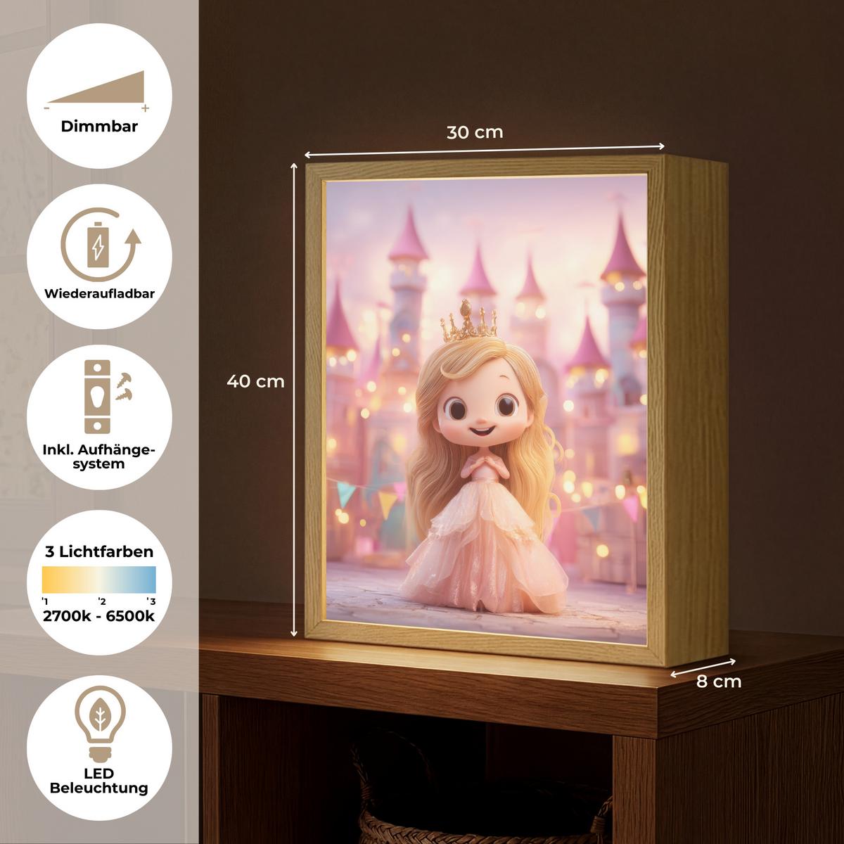 WANDLEUCHTE MIT AKKU Prinzessin - Rosa - Schloss 30x40 cm - Rosa, Holzwerkstoff (30/40/8cm) - OnlyWow