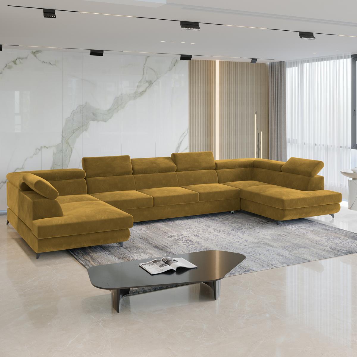WOHNLANDSCHAFT URMANO Gelb Velours-Stoff mit Schlaffunktion - Gelb, Holz (395/89/190cm) - MASSENO