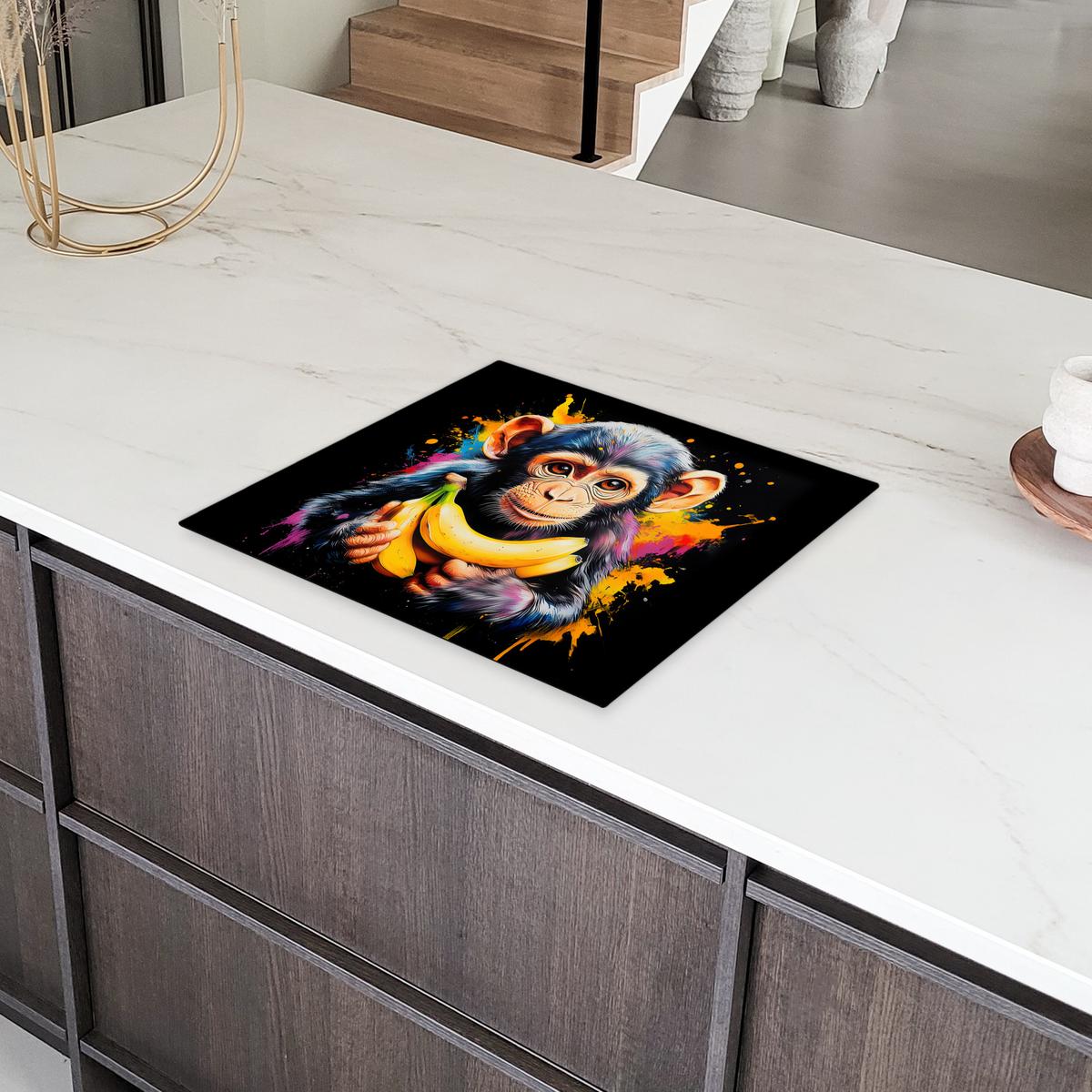 HERDABDECKPLATTE Affe - Graffiti - Farbenfroh - Bananen - Modern Ceranfeldabdeckung 59x52 cm - Gelb, Kunststoff (59/52/0.2cm) - MuchoWow