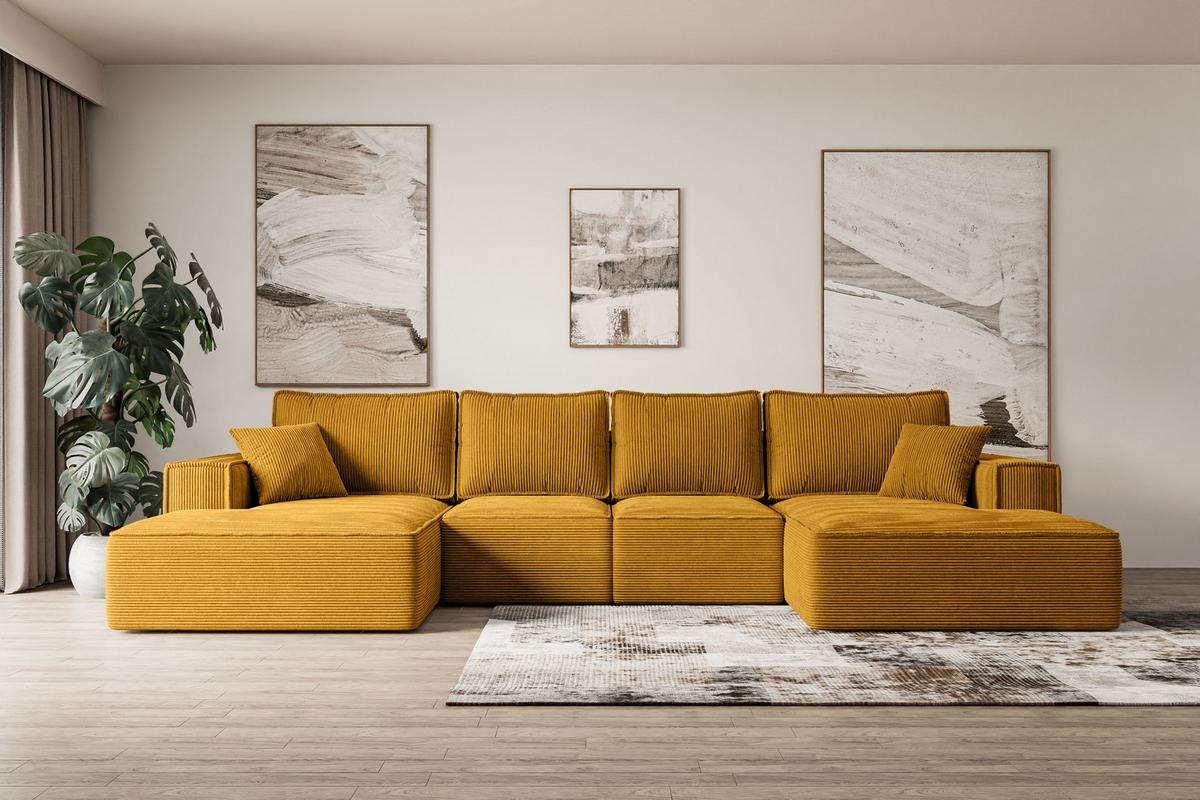 WOHNLANDSCHAFT mit Schlaffunktion und Bettkasten SIERRA-U-S - 349x161x87 cm Senfgelb Cord - Currygelb/Schwarz, Holzwerkstoff/Kunststoff (349/87/161cm) - ALTDECOR