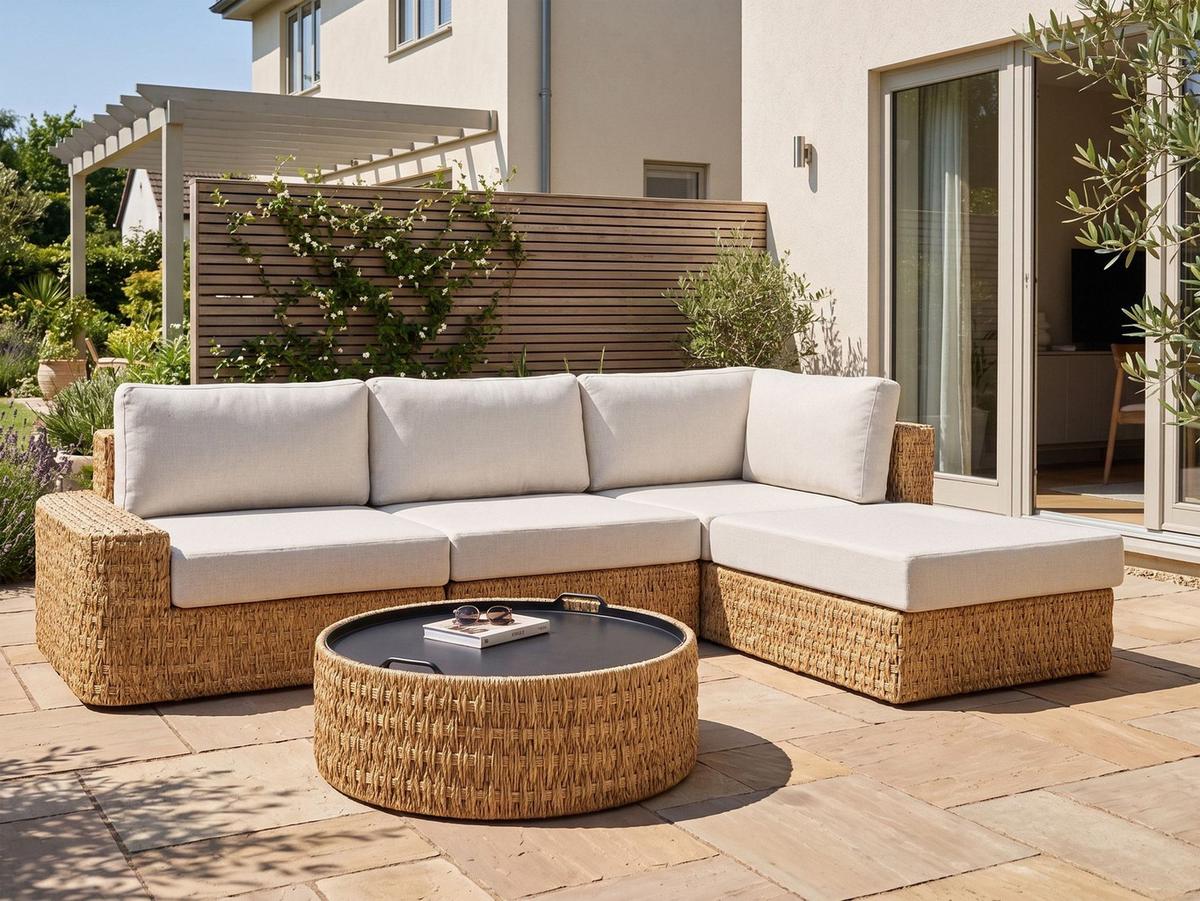 GARTEN-ECKSOFA mit Tisch 4-Sitzer Polyrattan linksseitig Beige Oliveri - Beige/Naturfarben, Kunststoff - Beliani