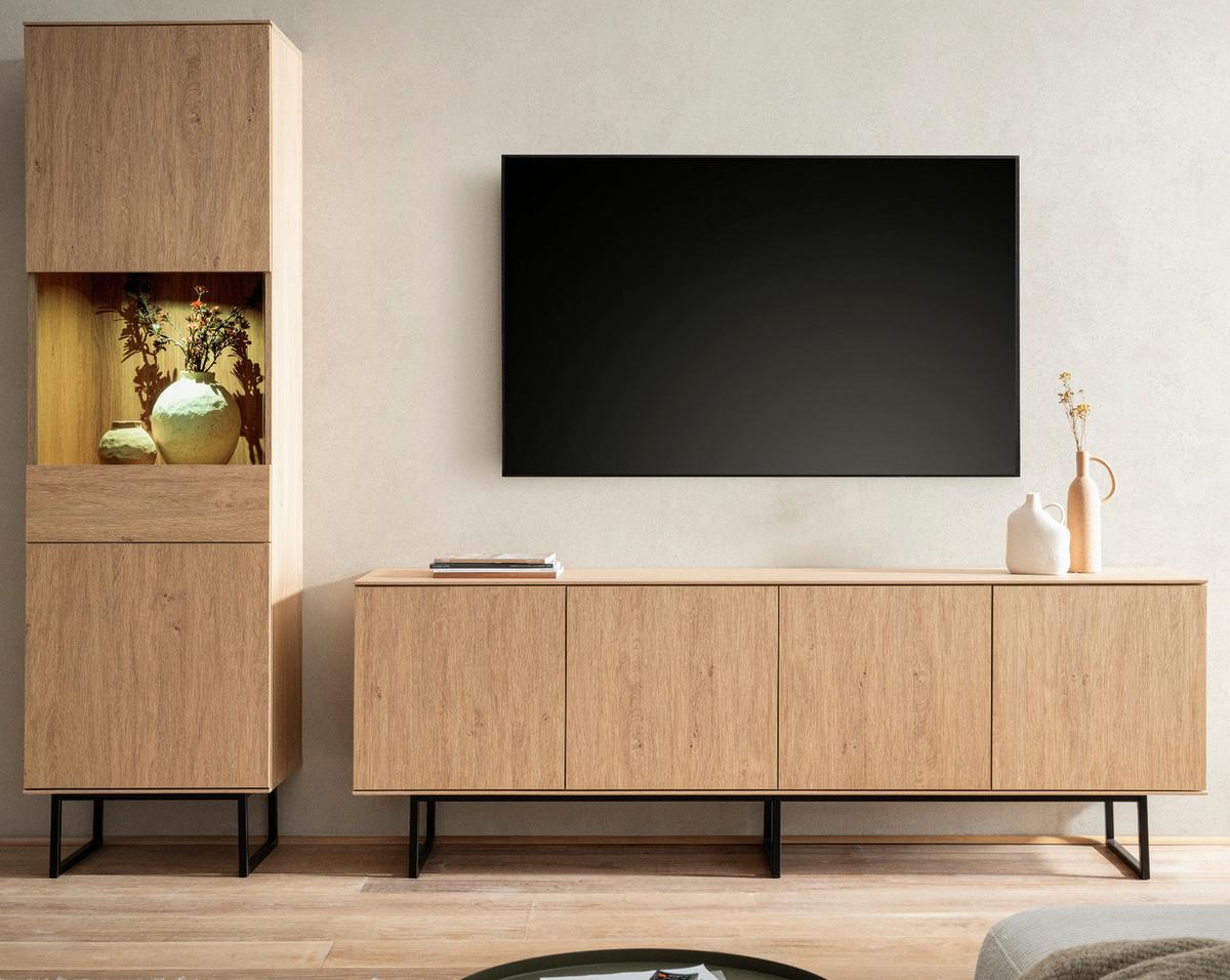 TV-LOWBOARD Eiche 200 x 70 cm, Flat-TV Unterschrank mit Komforthöhe, Push-To-Open-Funktion - Eichefarben/Schwarz, Holzwerkstoff/Metall (200/70/40cm) - Furn.Design