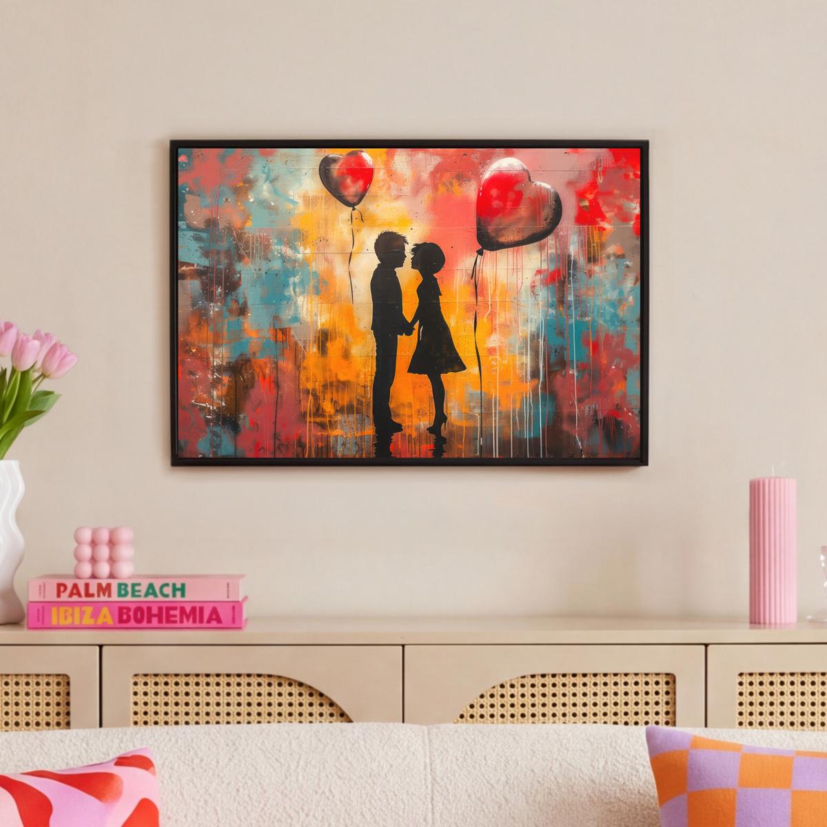 LEINWAND Bilder mit Rahmen - Straßenkunst - Liebe - Graffiti - Kunst - Banksy - 60x40 - Orange, Textil (60/40cm) - MuchoWow
