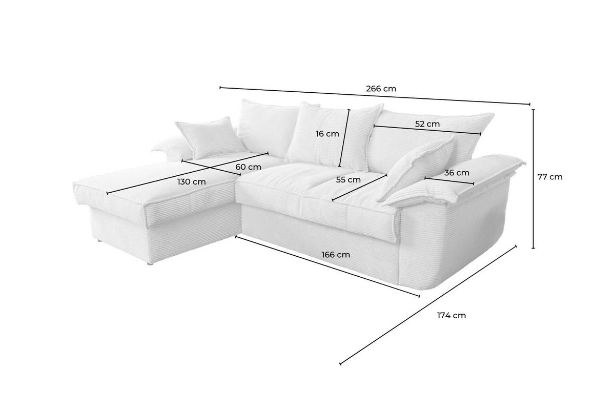 ECKSOFA DAMETO Weiß Cord Mit Schlaffunktion - Schwarz/Weiß, Kunststoff/Textil (266/174cm) - KAWOLA