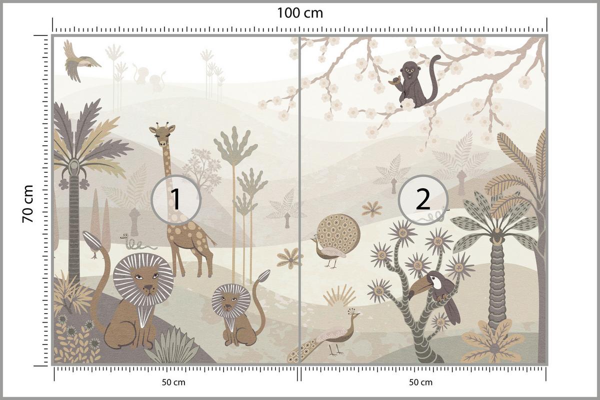 FOTOTAPETE für Kinderzimmer Safari Wilde Tiere Dschungel Boho Palmen Giraffe 100x70 - Beige/Creme, Papier (100/70cm) - Muralo
