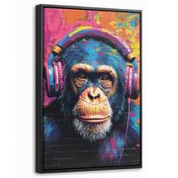 LEINWAND Bilder mit Rahmen - Graffiti - Schimpanse - Straßenkunst - Kopfhörer - Affe - 20x30 - Blau, Textil (20/30cm) - MuchoWow