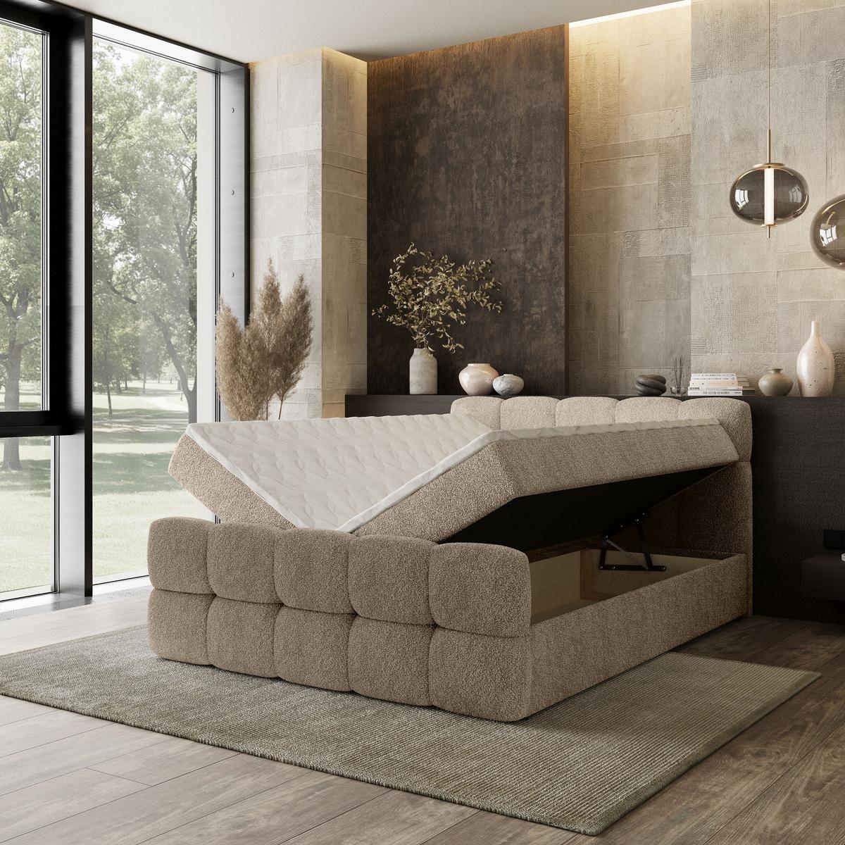 BOXBETT BRUME 160x200 cm mit Matratze und Topper, H2+H3 - Beige - Beige, Holz (160/200cm) - MASSENO