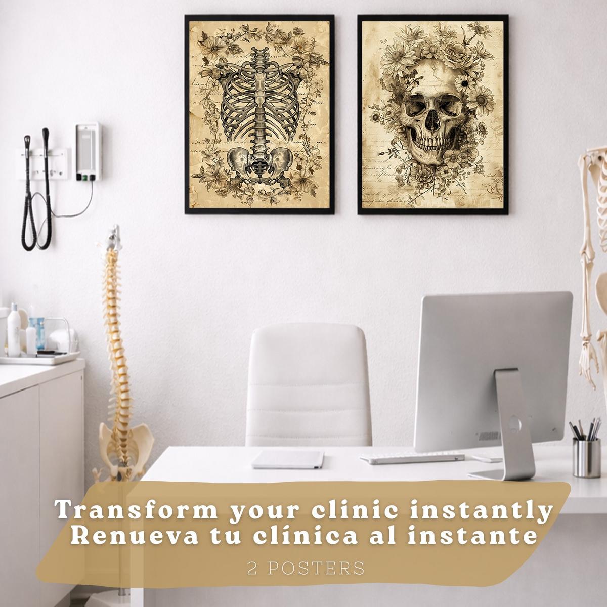 POSTER Set aus 2 Anatomie Mensch Drucke und Wandbilder mit Schädel Wirbelsäule Rippen Becken Klassisches Vintage Design Größe Schwarzer Rahmen A3 - Schwarz, Papier (29.7/42/3cm) - Nacnic