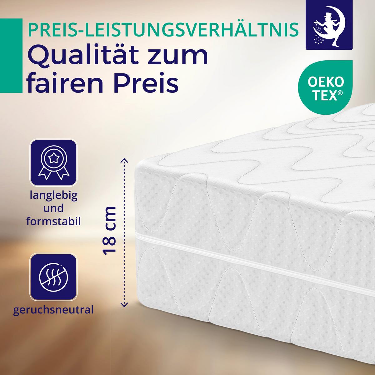 MATRATZE H2 90x200 cm – 7 Zonen Federkernmatratze 18 cm – Kaltschaum Komfortpolsterung – atmungsaktive Matratze mit waschbarem Bezug - Weiß, Textil (90/200cm) - Mister Sandman