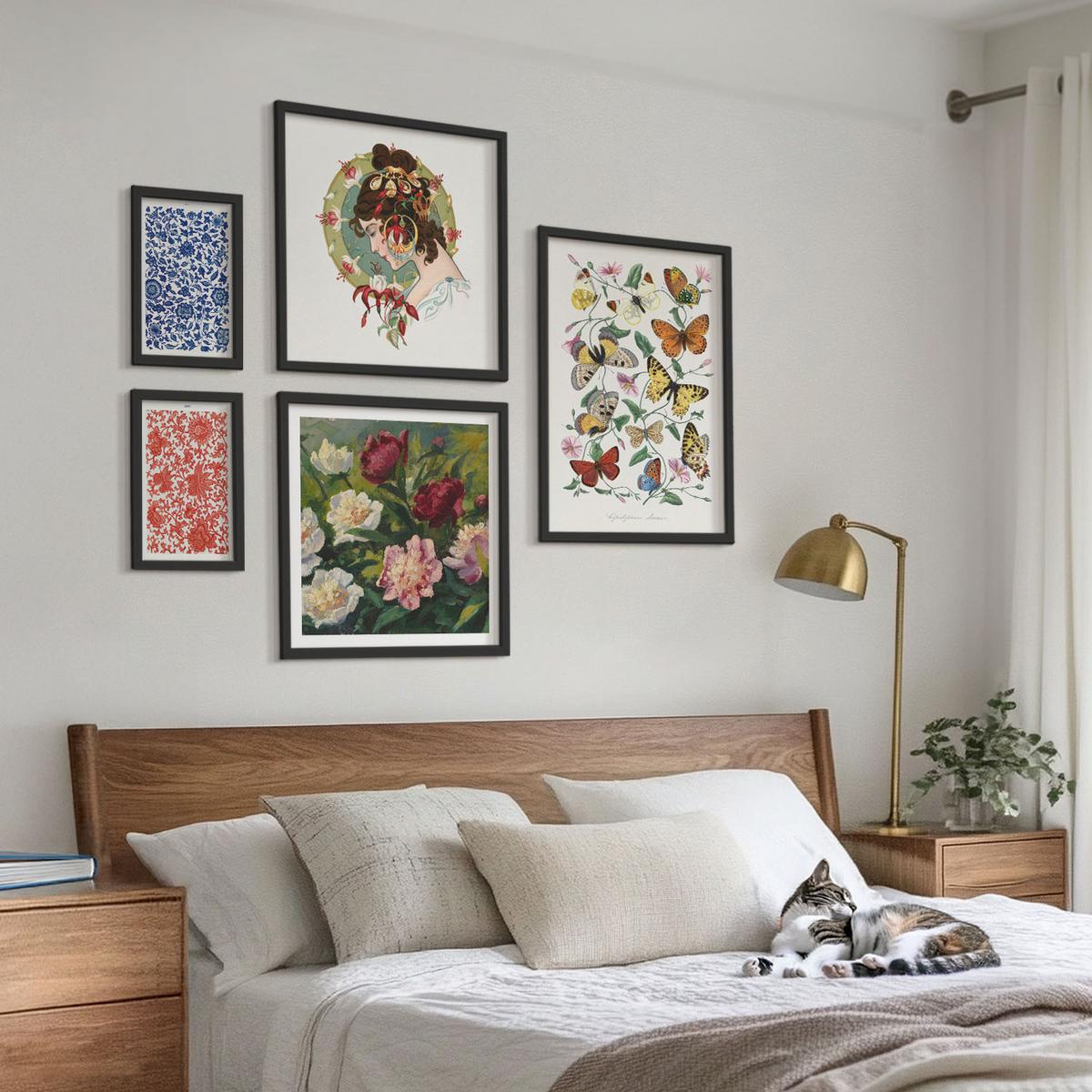 BILDER SET 5er Set - 50x50 cm & 20x30 cm & 40x60 cm Schwarzer Rahmen - Vintage-Blumen-Schmetterlings-Ornamente - Schwarz, Kunststoff (40/60cm) - TULUP