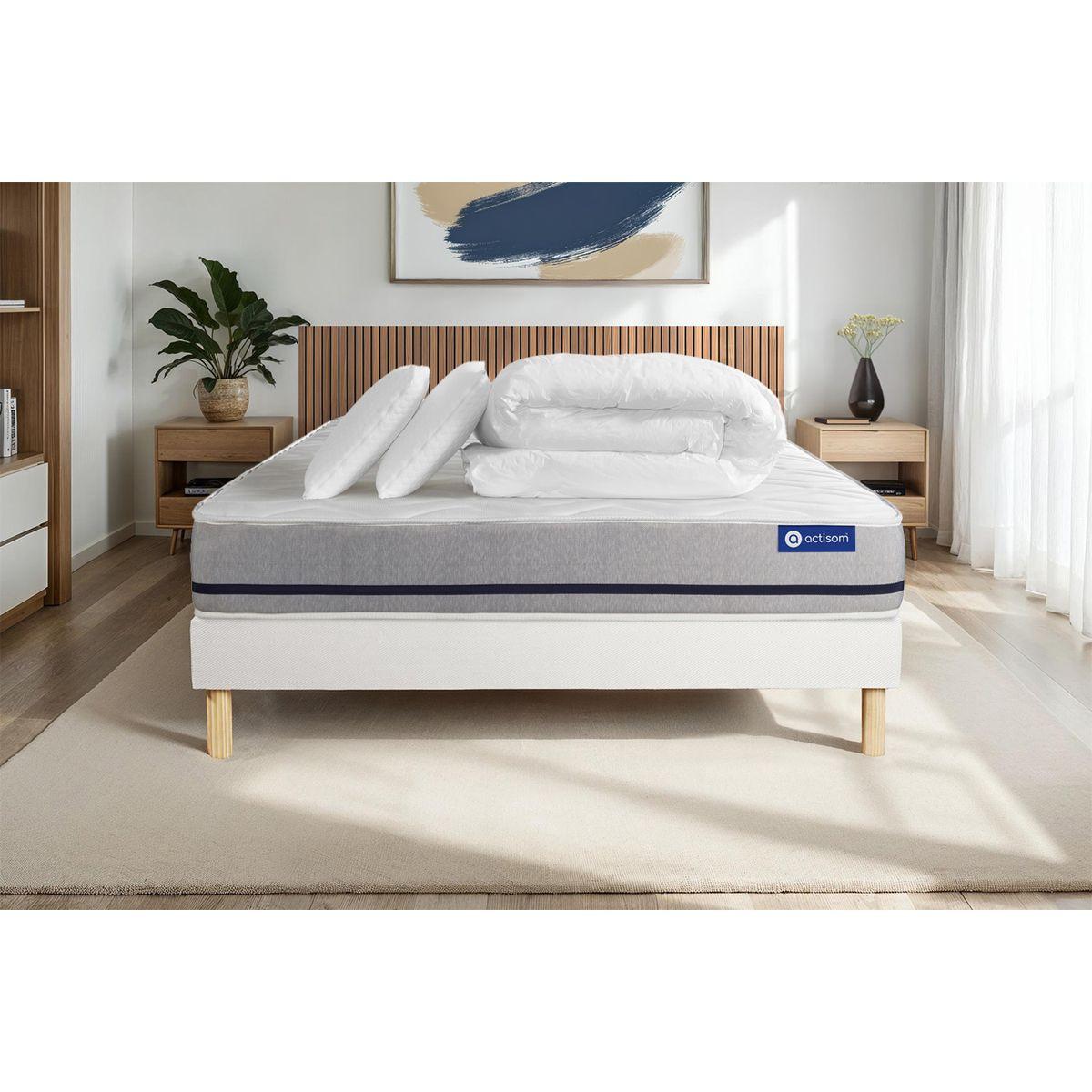 BETT Actiflex soft Taschenfederkern 160 x 200 cm h2 - Kit Bettgestell Weiß - Mit Kissen und Bettdecke - Beige/Weiß, Karton/Holz (160/200cm) - ACTISOM