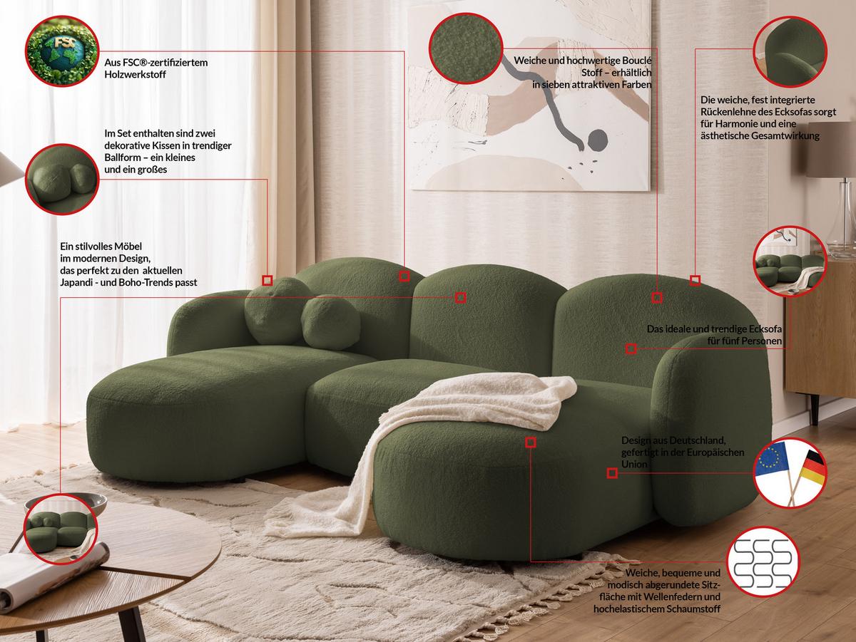 WOHNLANDSCHAFT Nuvola mit abgerundetem Design Grün Bouclé-Stoff - Schwarz/Grün, Holz/Kunststoff (268/80/146cm) - S-Style