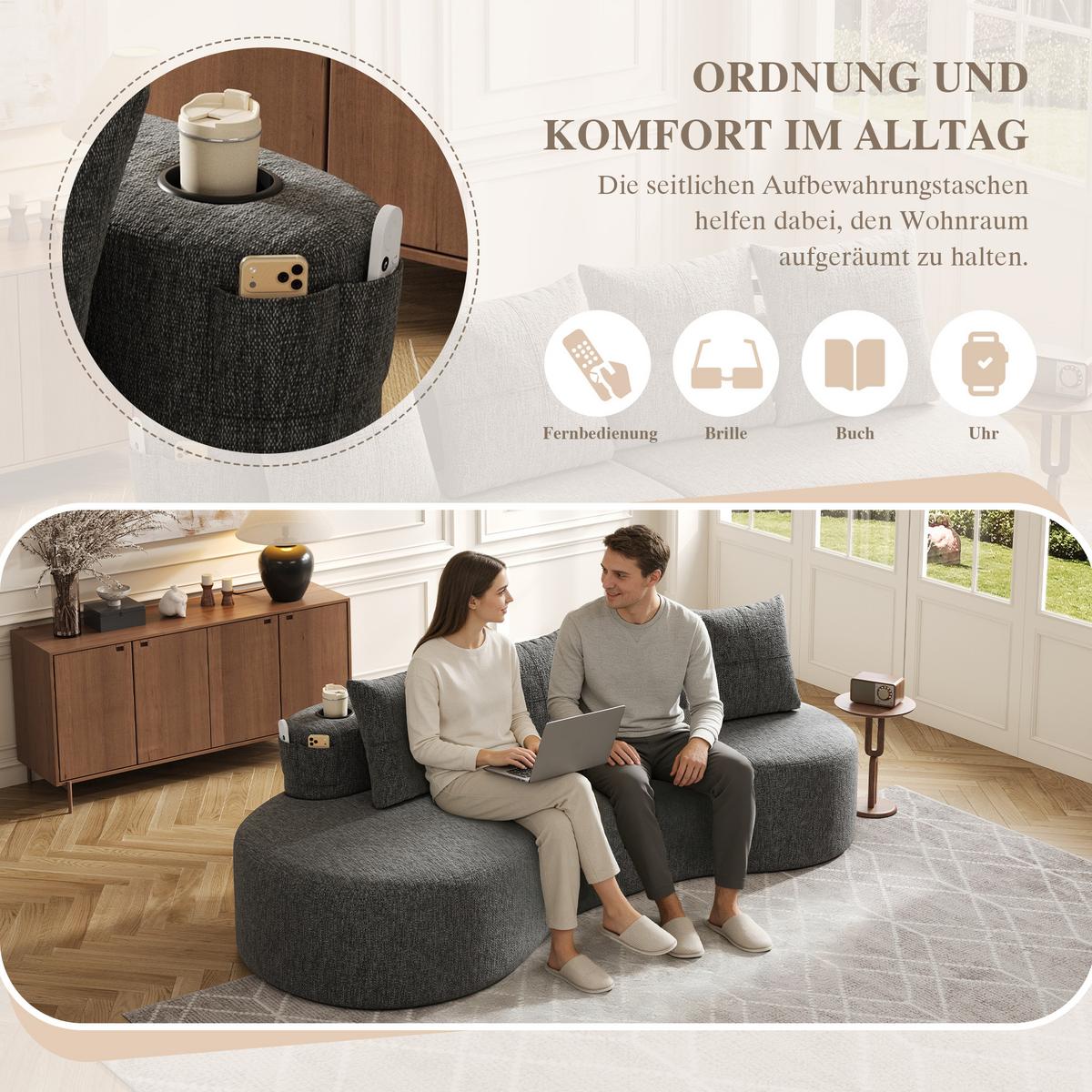 3-SITZER SOFA leinenstoff farbwahl mit getränkehalter & seitentaschen - Dunkelgrau, Textil (240/63/109cm) - Urban Meuble