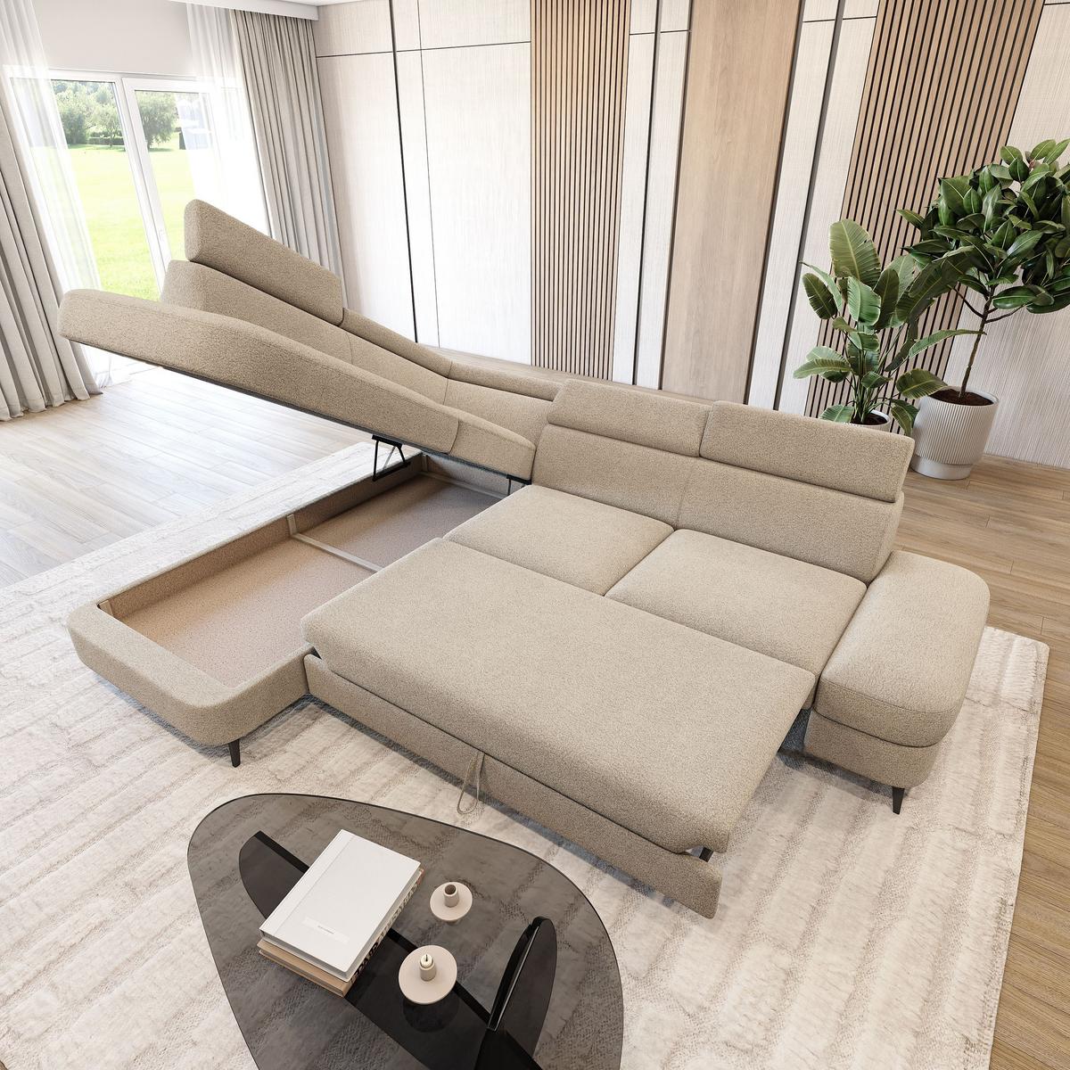 ECKSOFA AVISE Q L-S Beige Boucle-Stoff mit Schlaffunktion - Beige, Holzwerkstoff/Textil (268/195cm) - MASSENO