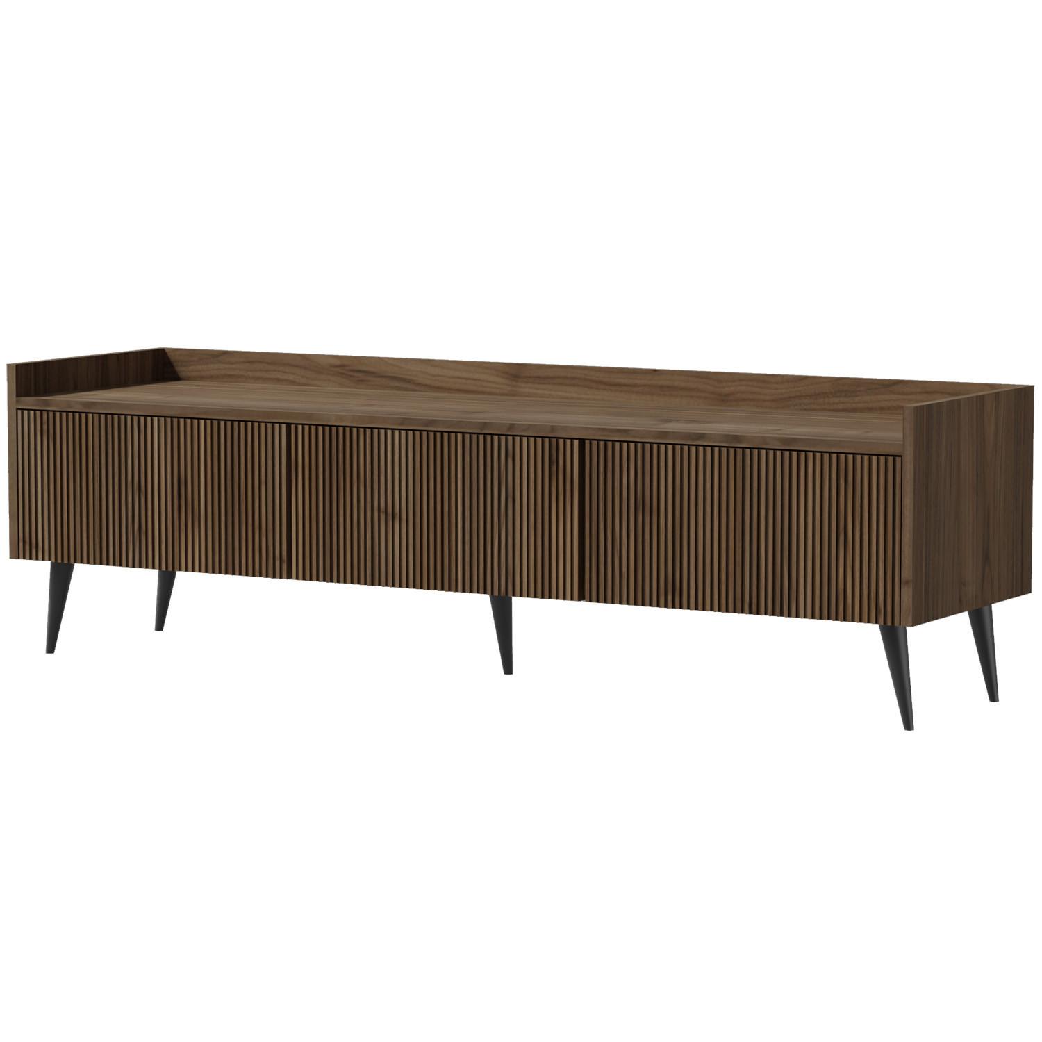 LOWBOARD Amfali mit 3 Klapptüren, geriffelte Fronten, Push-to-open, Metallbeine, 150 cm, Walnussfarben - Walnussfarben/Schwarz, Holzwerkstoff/Metall (150/45/41cm) - Beautysofa