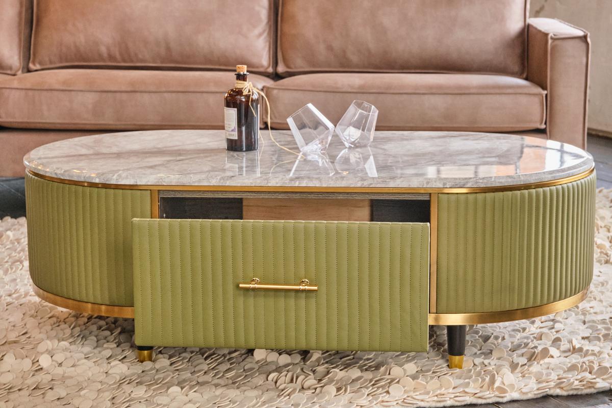 COUCHTISCH MARIA Grün Marmor, Kunstleder - Olivgrün/Braun, Stein/Metall (70/130/45cm) - KAWOLA