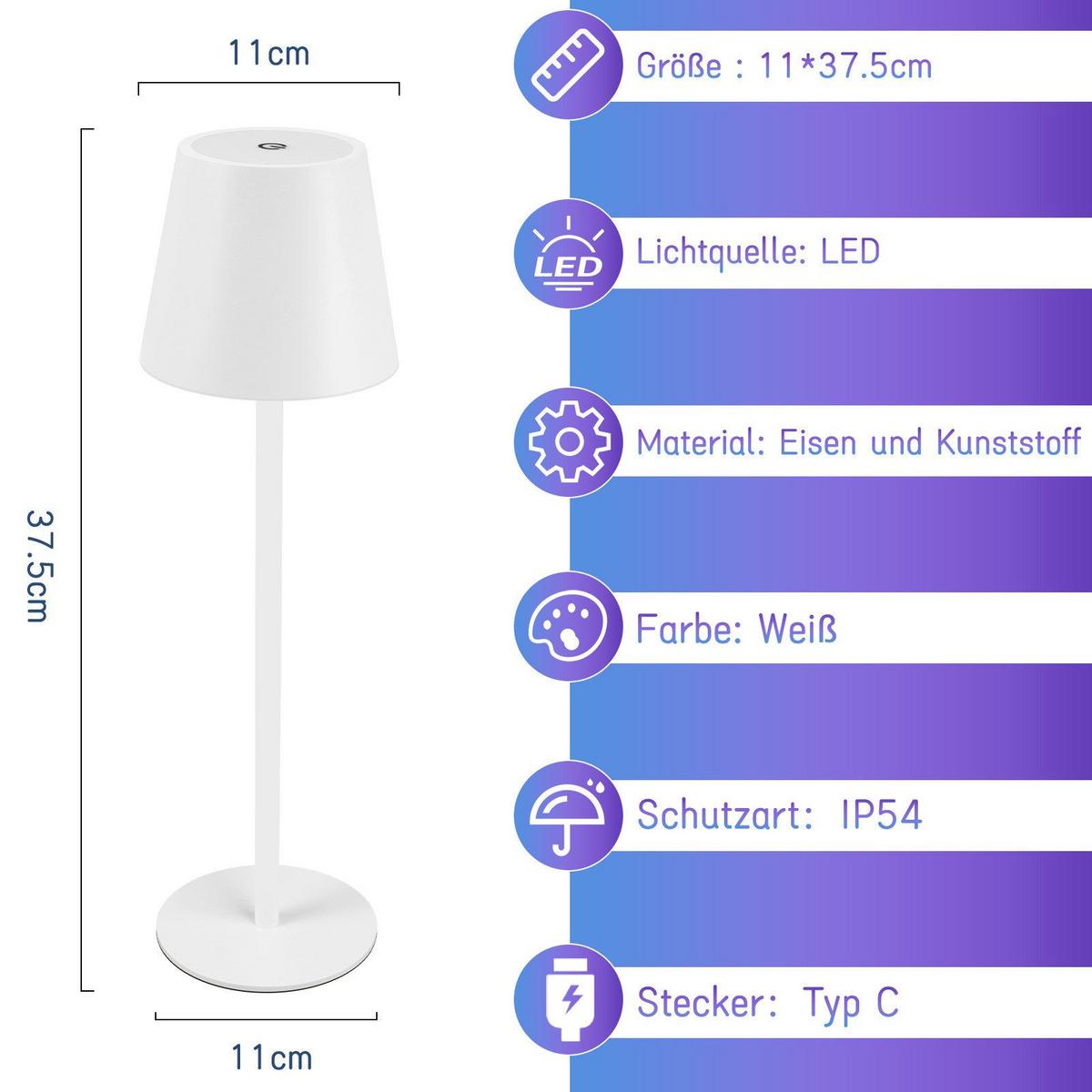 LED-TISCHLEUCHTE Leverkusen 11/11/37.5 cm - Weiß, Metall (11/11/37.5cm) - Nettlife