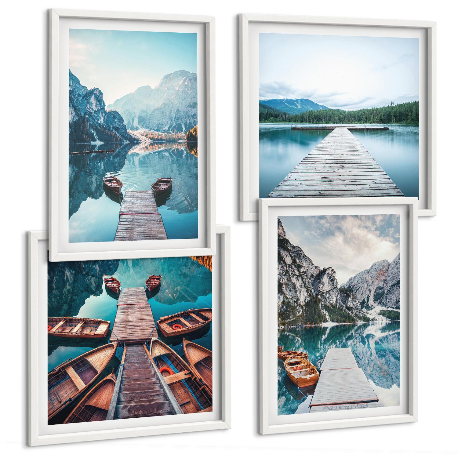 BILDER SET 4er Set - 50x50 cm & 40x60 cm Weißer Rahmen - Holzstege am See, Boote - Weiß, Kunststoff (50/50cm) - TULUP