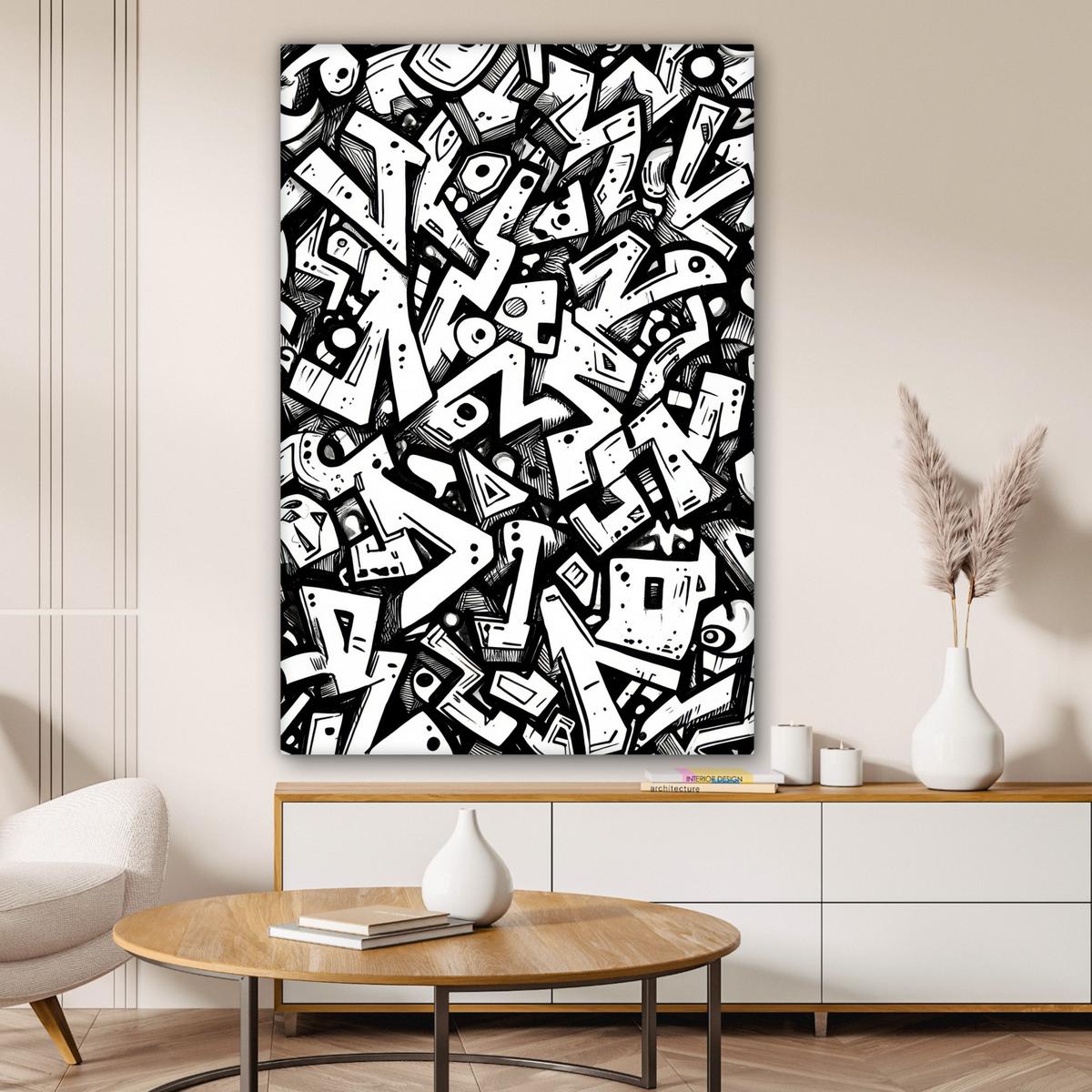 LEINWANDBILD Formen - Buchstaben - Graffiti - Schwarz Deko Groß 90x140 cm - Schwarz, Textil (90/140cm) - MuchoWow