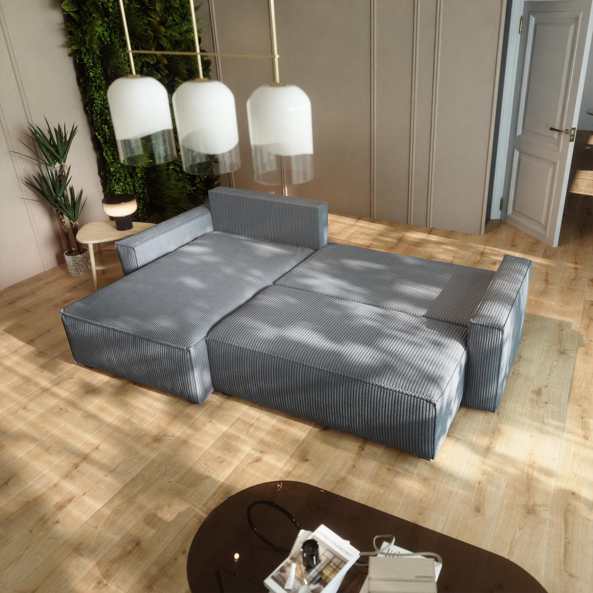 ECKSOFA BESMIR Grau Kordstoff mit Schlaffunktion - Grau, Holz (275/148cm) - MASSENO