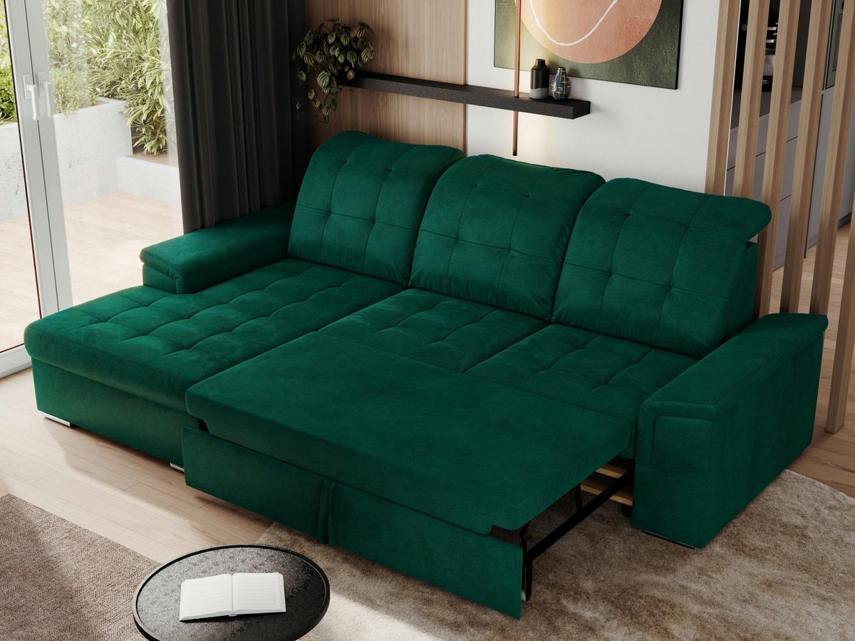 ECKSOFA MADRITO L - DunkelGrün Velorus - Links - Dunkelgrün/Silberfarben, Textil/Metall (160/256cm)